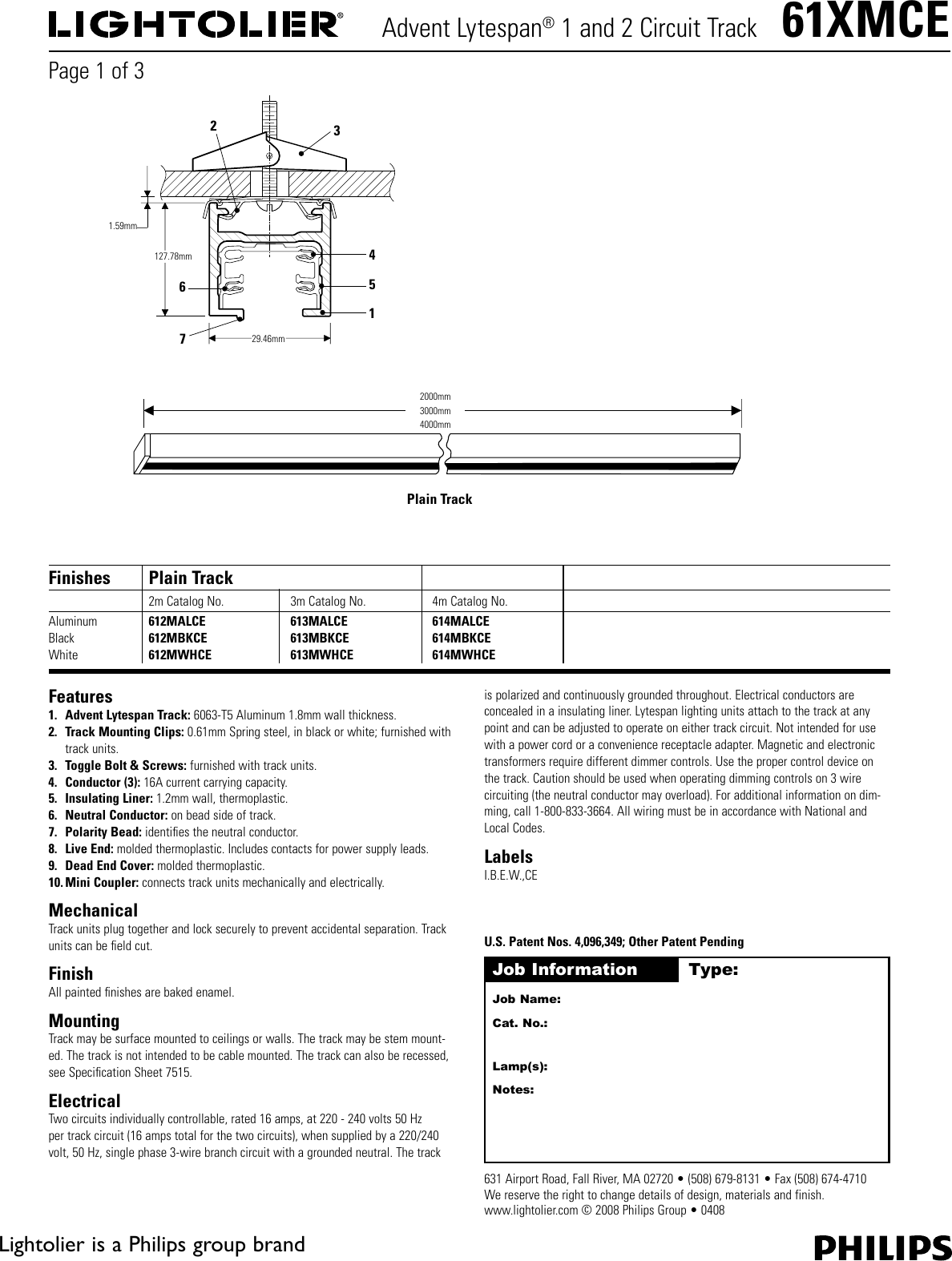 Page 1 of 3 - Lightolier Lightolier-Advent-Lytespan-1-And-2-Circuit-Track-61Xmce-Users-Manual-  Lightolier-advent-lytespan-1-and-2-circuit-track-61xmce-users-manual