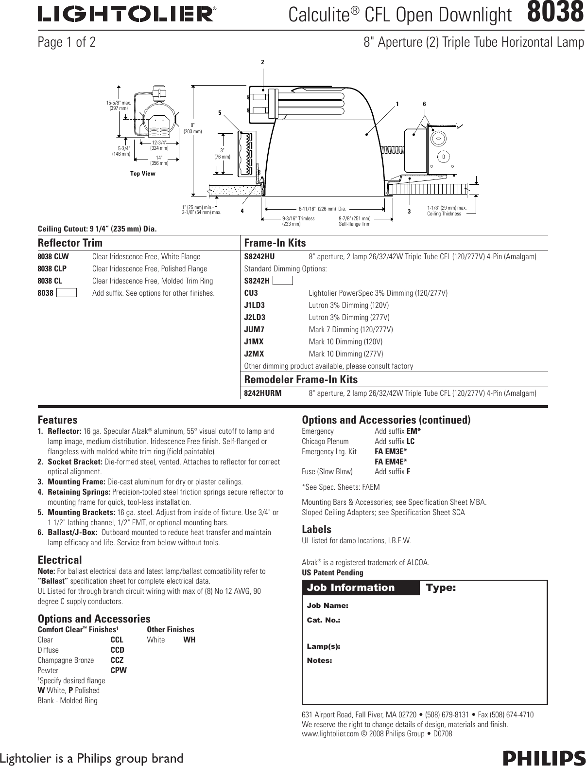 Lightolier Calculite Cfl Open Downlight 8038 Users Manual