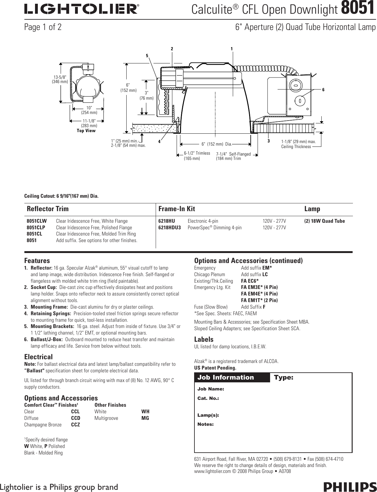 Page 1 of 2 - Lightolier Lightolier-Calculite-Cfl-Open-Downlight-8051-Users-Manual-  Lightolier-calculite-cfl-open-downlight-8051-users-manual