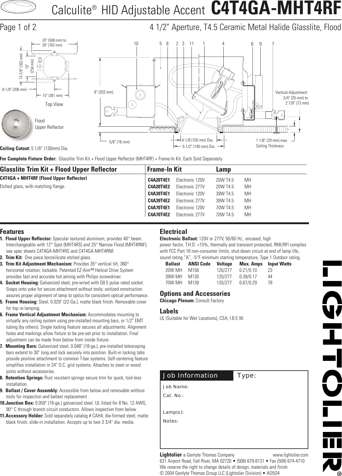 Page 1 of 2 - Lightolier Lightolier-Calculite-Hid-Adjustable-Accent-C4T4Ga-Mht4Rf-Users-Manual- C4T4GA-MHT4RF  Lightolier-calculite-hid-adjustable-accent-c4t4ga-mht4rf-users-manual