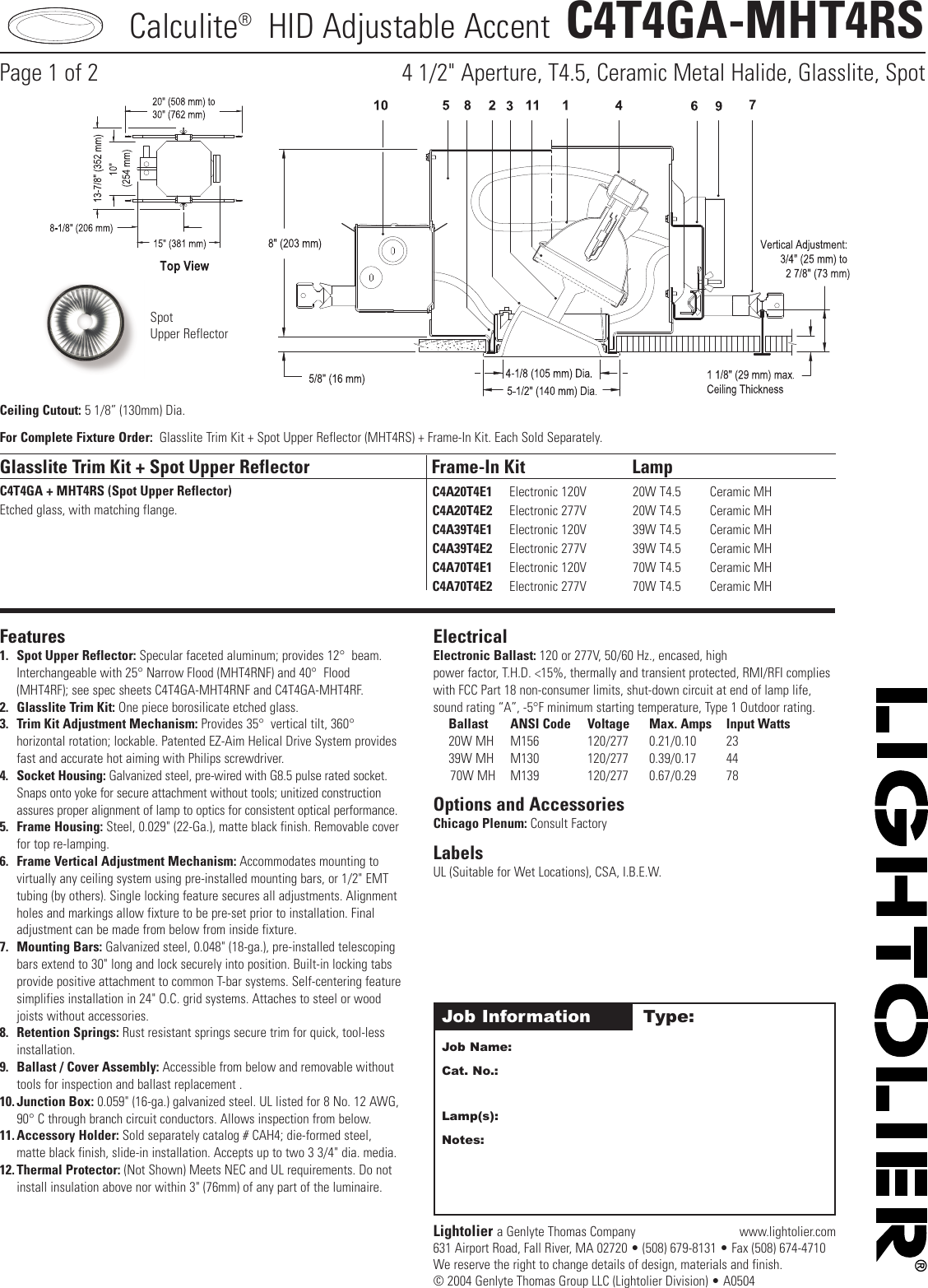 Page 1 of 2 - Lightolier Lightolier-Calculite-Hid-Adjustable-Accent-C4T4Ga-Mht4Rs-Users-Manual- C4T4GA-MHT4RS  Lightolier-calculite-hid-adjustable-accent-c4t4ga-mht4rs-users-manual