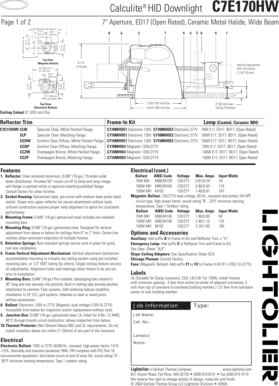 Lightolier Calculite Hid Downlight C7E170Hw Users Manual