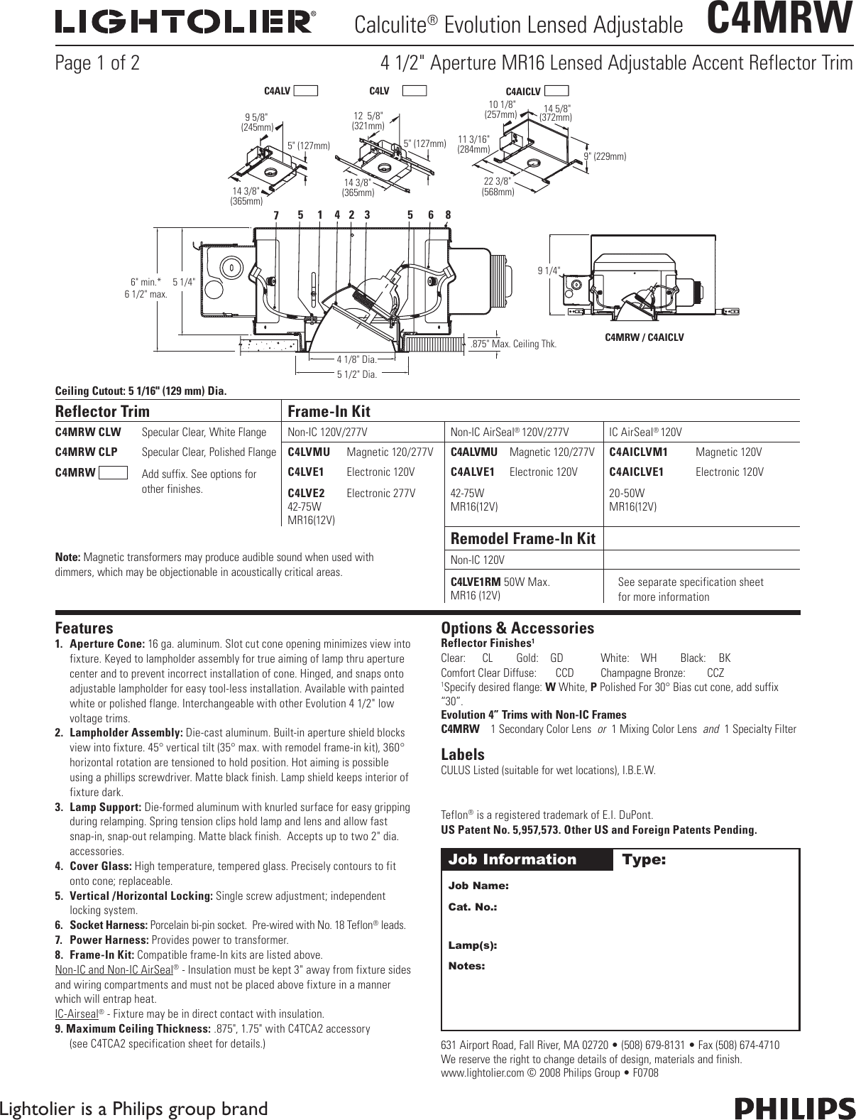 Page 1 of 2 - Lightolier Lightolier-Calculite-Hid-Lensed-Adjustable-Accent-C4Mrw-Users-Manual-  Lightolier-calculite-hid-lensed-adjustable-accent-c4mrw-users-manual