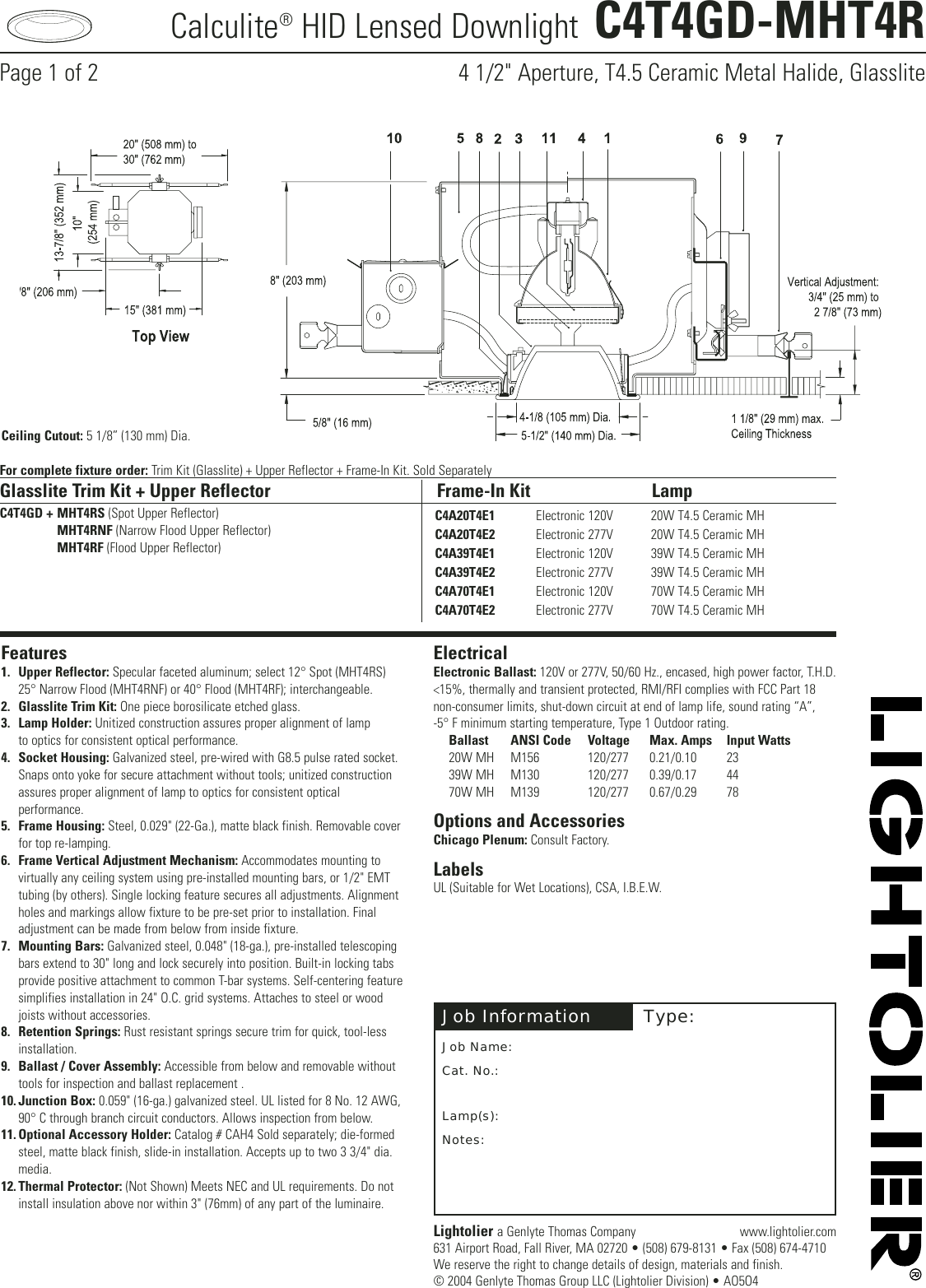 Page 1 of 2 - Lightolier Lightolier-Calculite-Hid-Lensed-Downlight-C4T4Gd-Mht4R-Users-Manual- C4T4GD-MHT4R  Lightolier-calculite-hid-lensed-downlight-c4t4gd-mht4r-users-manual