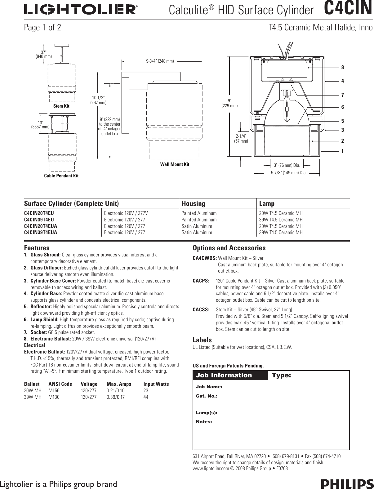 Page 1 of 2 - Lightolier Lightolier-Calculite-Hid-Surface-Cylinder-C4Cin-Users-Manual-  Lightolier-calculite-hid-surface-cylinder-c4cin-users-manual