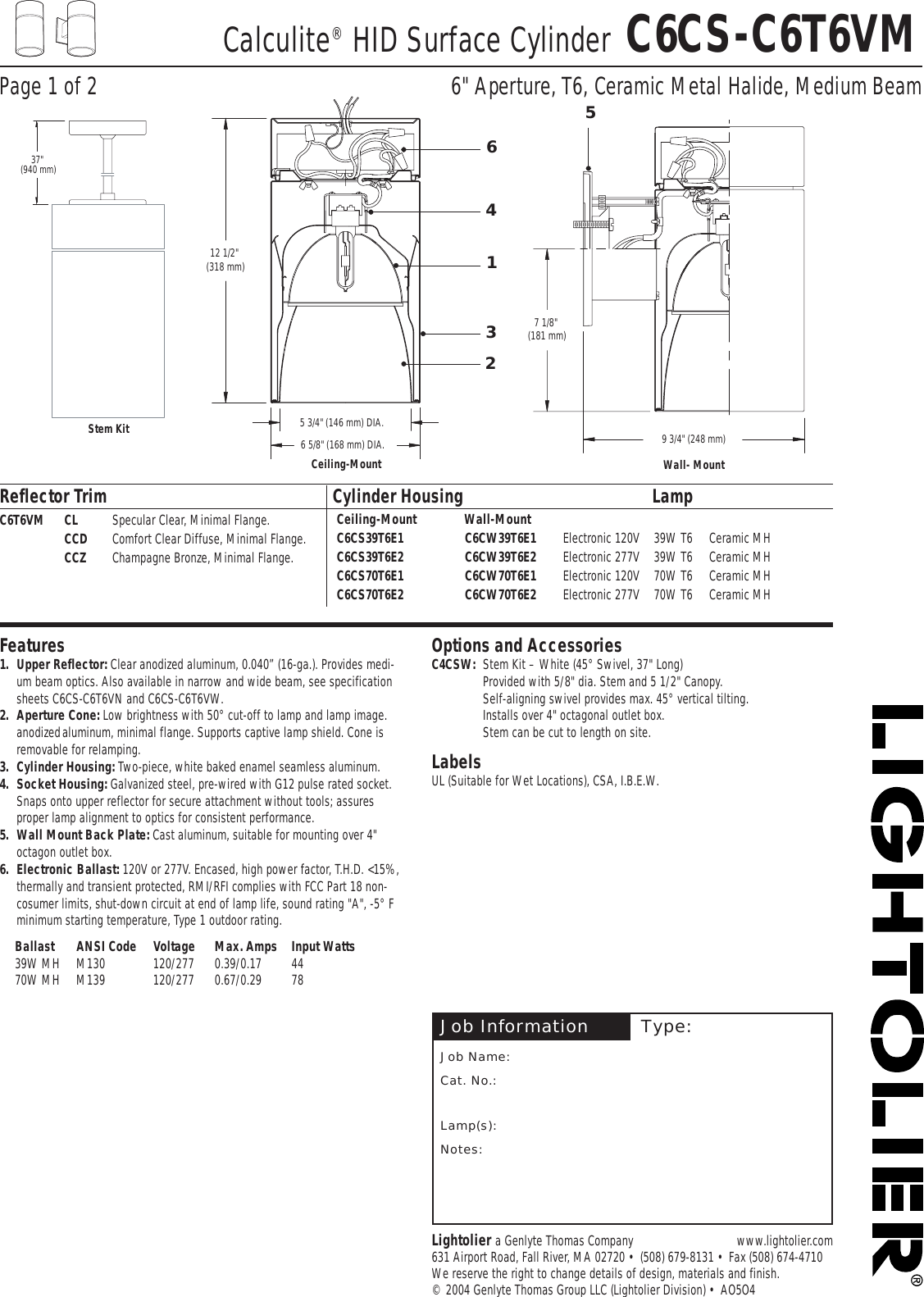 Page 1 of 2 - Lightolier Lightolier-Calculite-Hid-Surface-Cylinder-C6Cs-C6T6Vm-Users-Manual-  Lightolier-calculite-hid-surface-cylinder-c6cs-c6t6vm-users-manual