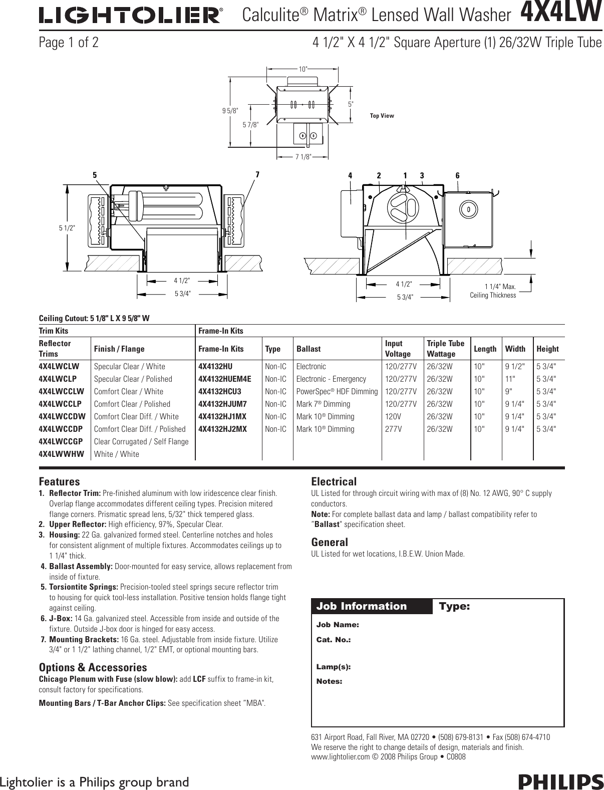 Page 1 of 2 - Lightolier Lightolier-Calculite-Matrix-Lensed-Wall-Washer-4X4Lw-Users-Manual-  Lightolier-calculite-matrix-lensed-wall-washer-4x4lw-users-manual