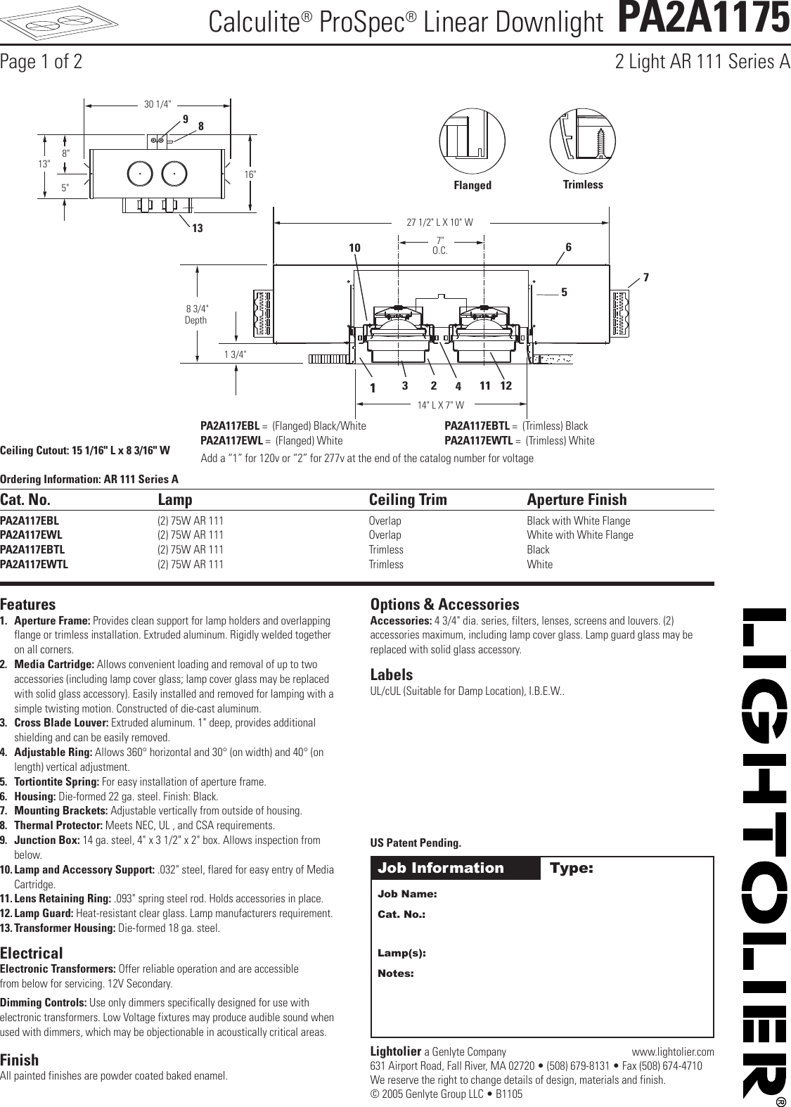 Lightolier Calculite Prospec Linear Downlight Pa2A1175 Users Manual