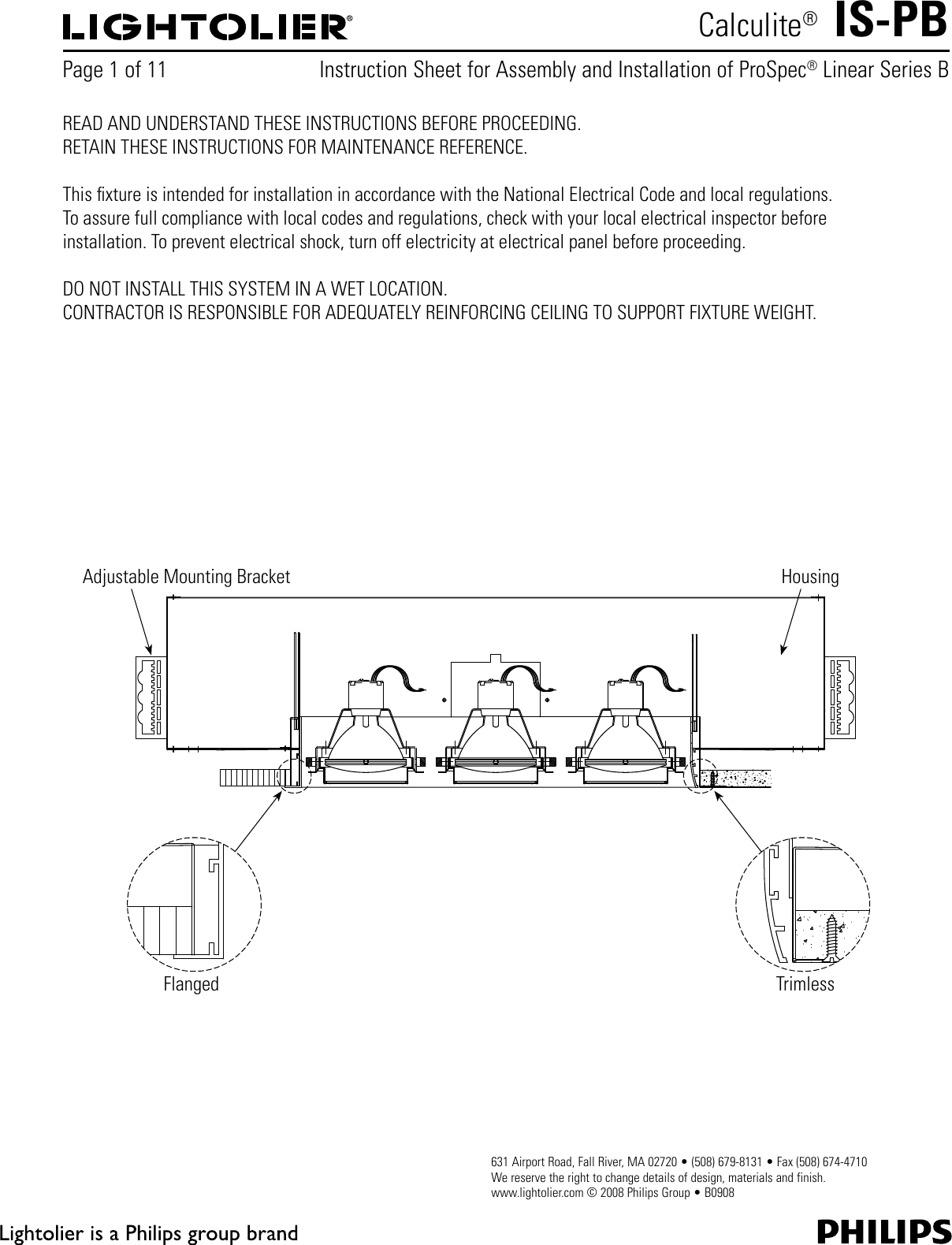 Page 1 of 11 - Lightolier Lightolier-Calculite-Prospec-Linear-Downlight-Pb-Users-Manual- IS-PB  Lightolier-calculite-prospec-linear-downlight-pb-users-manual