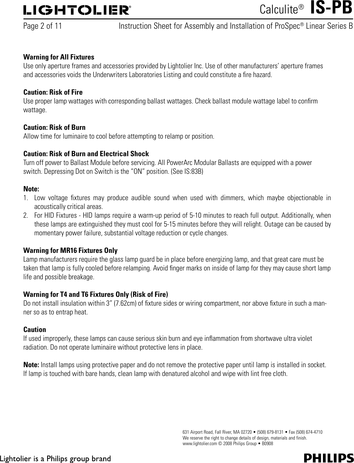 Page 2 of 11 - Lightolier Lightolier-Calculite-Prospec-Linear-Downlight-Pb-Users-Manual- IS-PB  Lightolier-calculite-prospec-linear-downlight-pb-users-manual