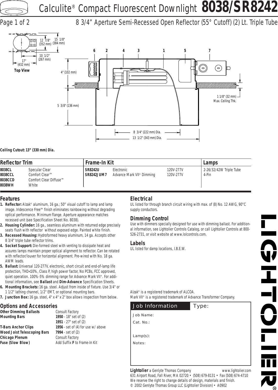 Lightolier Compact Fluorescent Downlight 8038 Sr8242 Users Manual