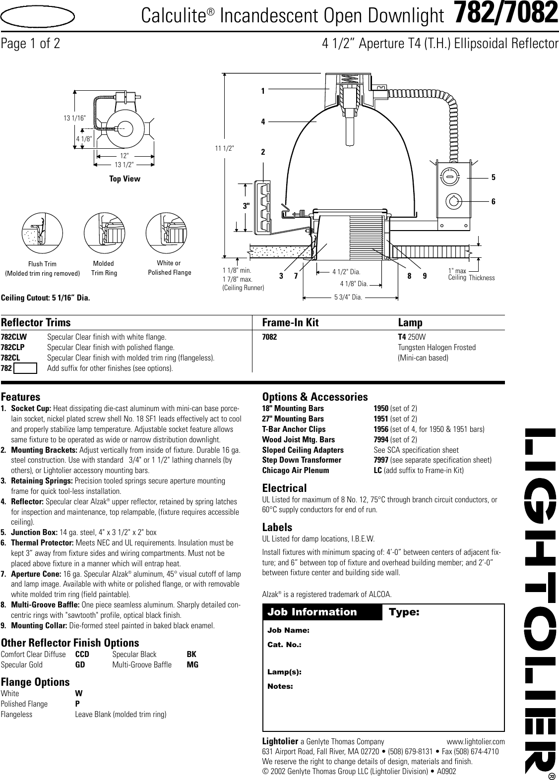 Page 1 of 2 - Lightolier Lightolier-Incandescent-Open-Downlight-782-Users-Manual- 782/7082  Lightolier-incandescent-open-downlight-782-users-manual