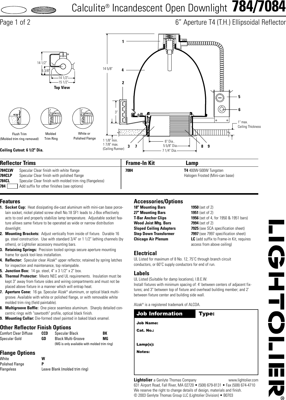 Page 1 of 2 - Lightolier Lightolier-Incandescent-Open-Downlight-784-7084-Users-Manual- 784-7084  Lightolier-incandescent-open-downlight-784-7084-users-manual