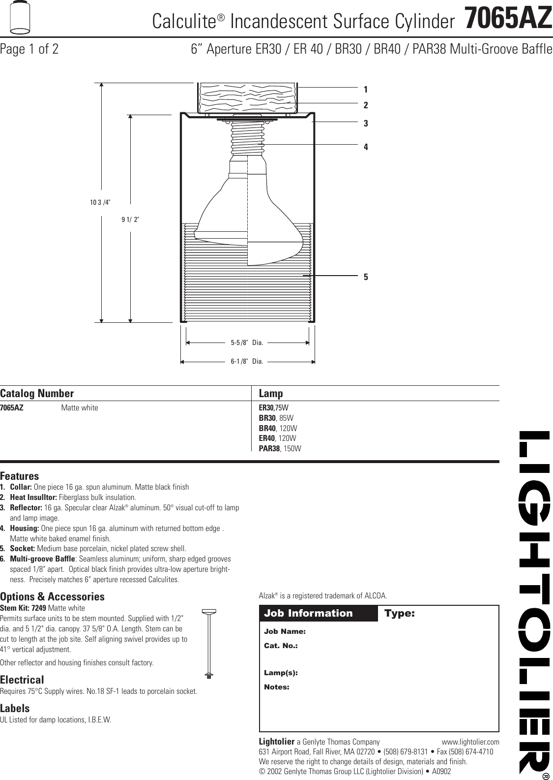 Page 1 of 2 - Lightolier Lightolier-Incandescent-Surface-Cylinder-7065Az-Users-Manual- 7065AZ  Lightolier-incandescent-surface-cylinder-7065az-users-manual