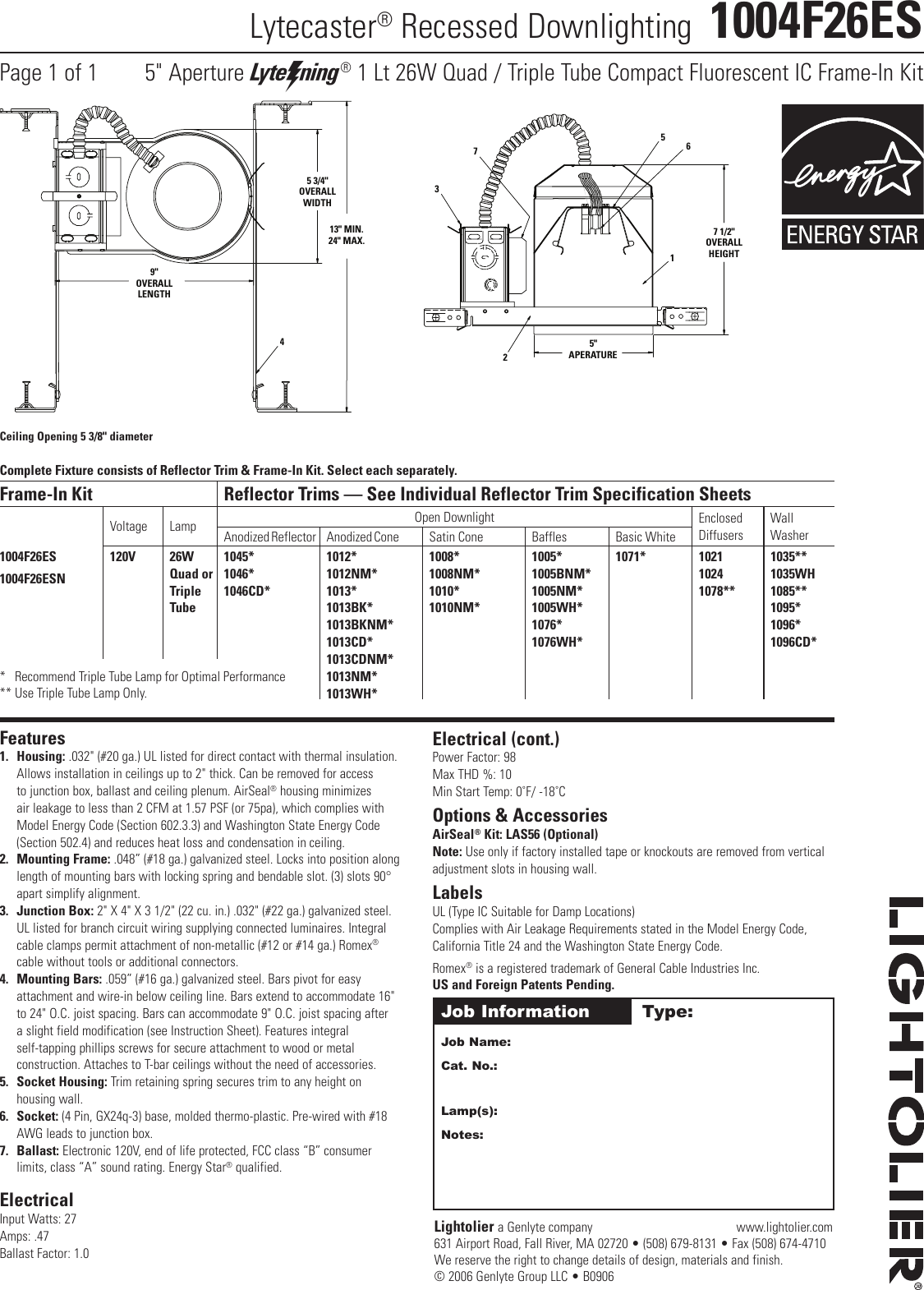 Page 1 of 1 - Lightolier Lightolier-Lytecaster-1004F26Es-Users-Manual-  Lightolier-lytecaster-1004f26es-users-manual