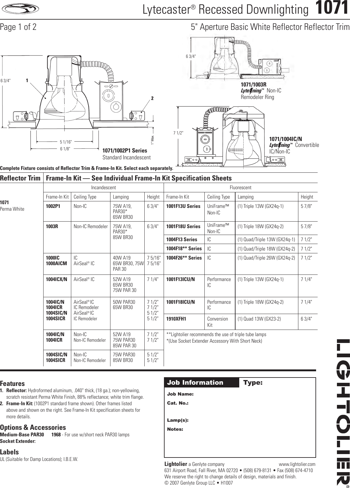 Page 1 of 2 - Lightolier Lightolier-Lytecaster-1071-Users-Manual- Lightolier-lytecaster-1071-users-manual