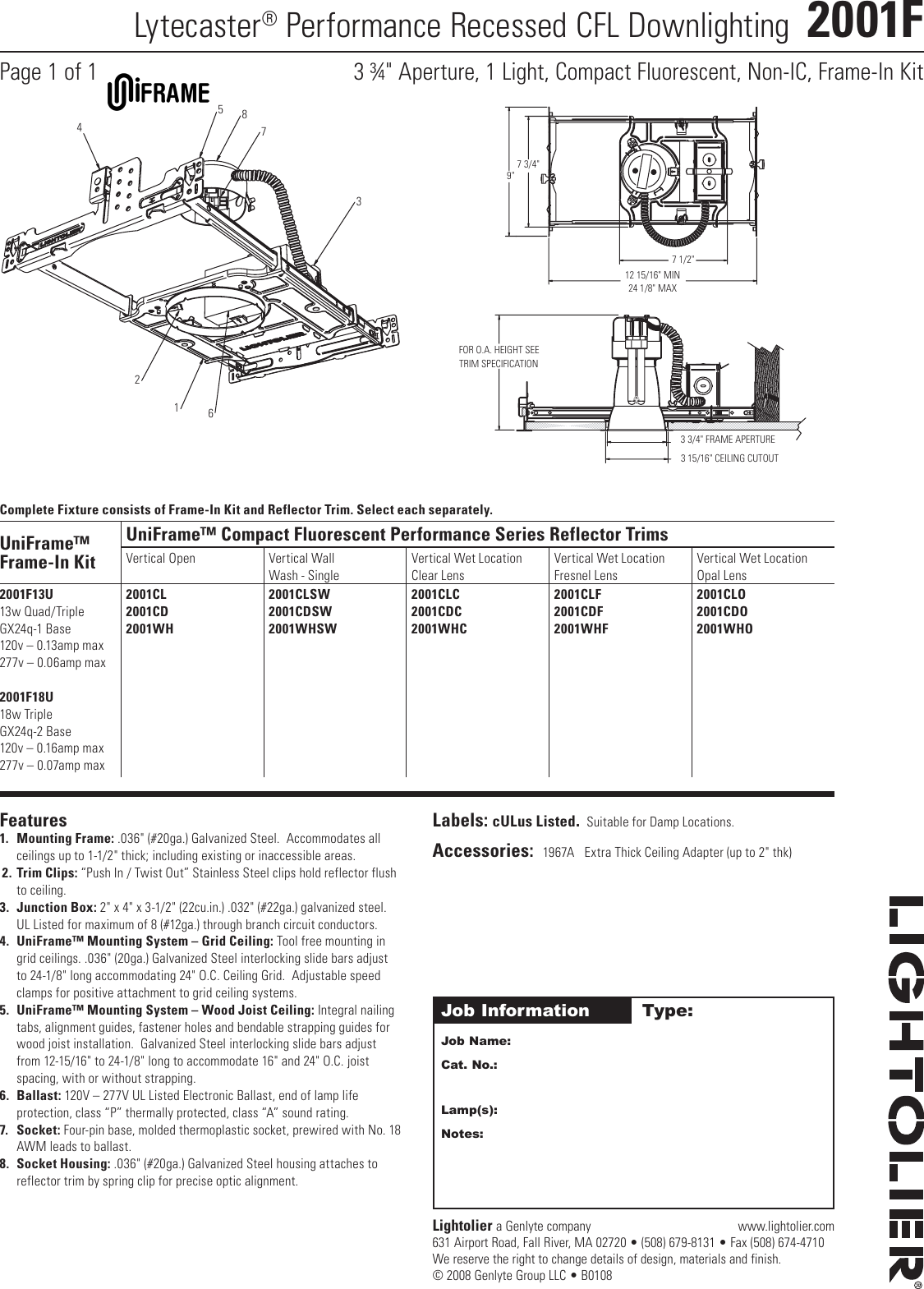 Lightolier Lytecaster 2001f Users Manual