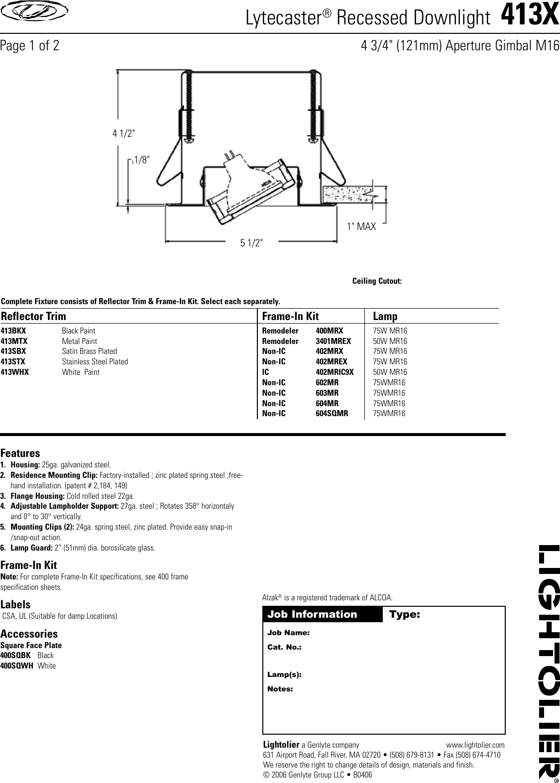 Page 1 of 2 - Lightolier Lightolier-Lytecaster-Recessed-Downlight-413X-Users-Manual- Lightolier-lytecaster-recessed-downlight-413x-users-manual