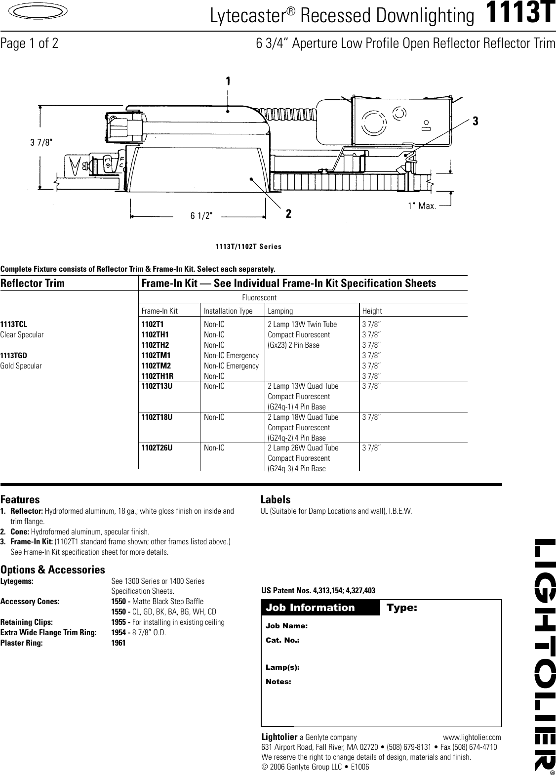 Page 1 of 2 - Lightolier Lightolier-Lytecaster-Recessed-Downlighting-1113T-Users-Manual- Lightolier-lytecaster-recessed-downlighting-1113t-users-manual