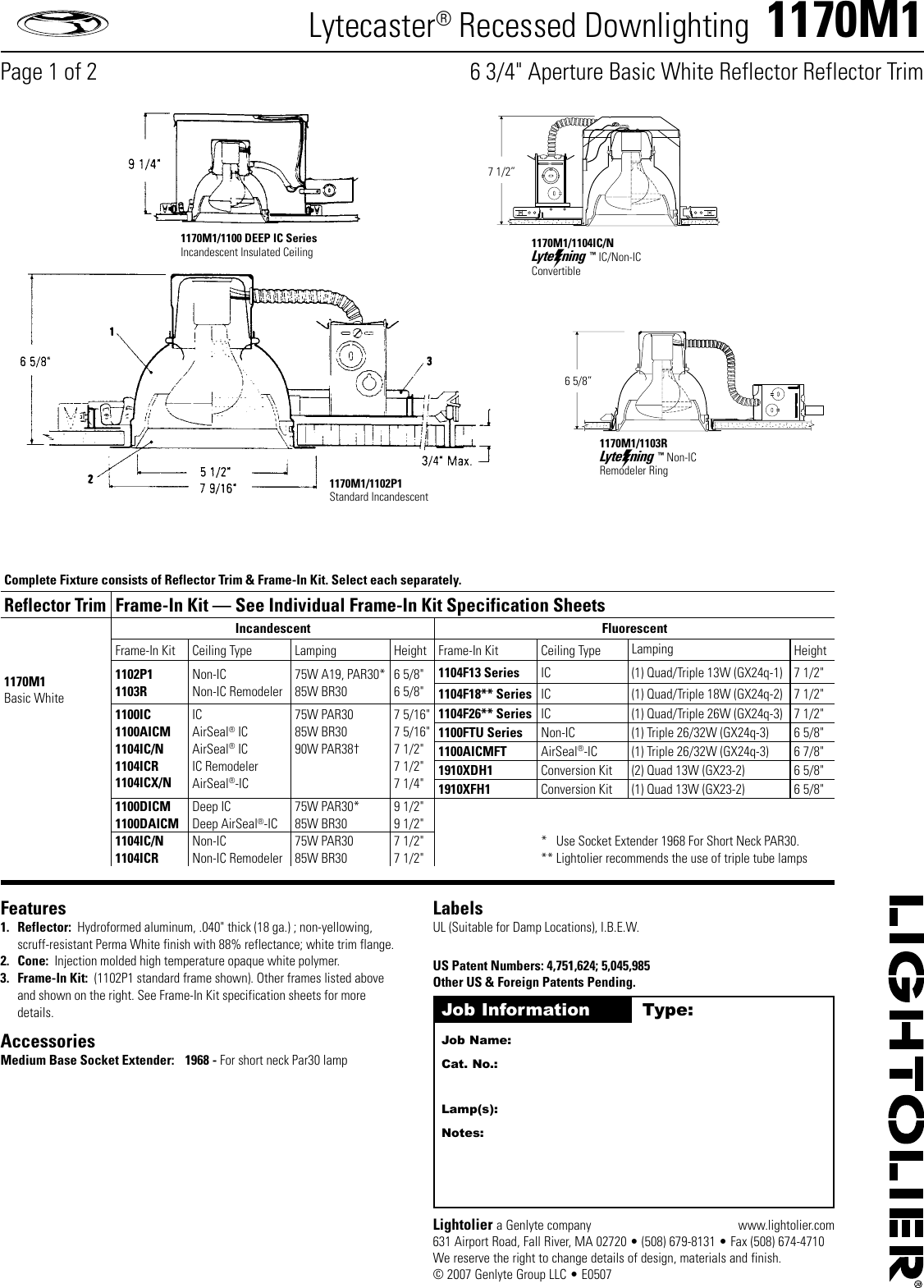 Lightolier Lytecaster Recessed Downlighting 1170M1 Users Manual