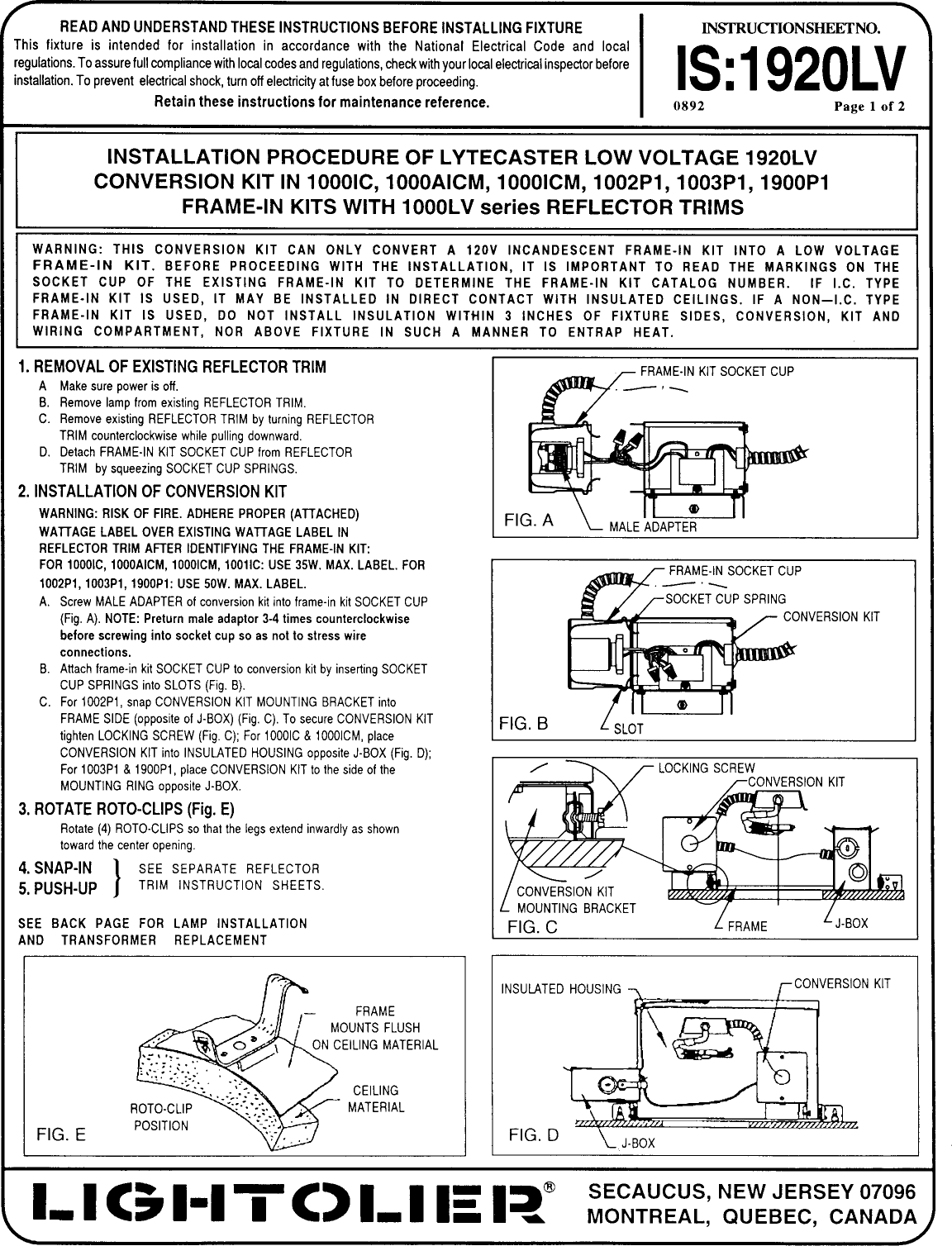 Page 1 of 2 - Lightolier Lightolier-Lytecaster-Recessed-Downlighting-1920-Users-Manual- Lytecaster Downlights Instruction Sheets Lightolier-lytecaster-recessed-downlighting-1920-users-manual