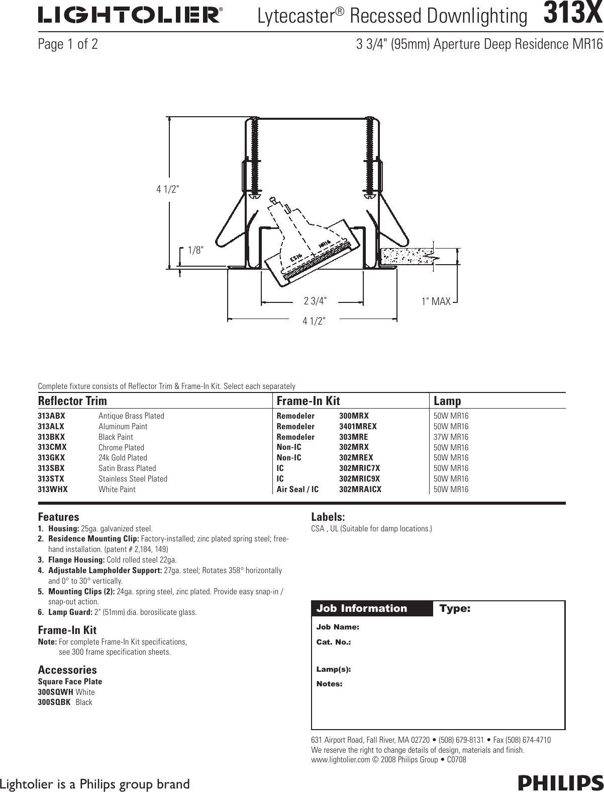 Lightolier Lytecaster Recessed Downlighting 313X Users Manual