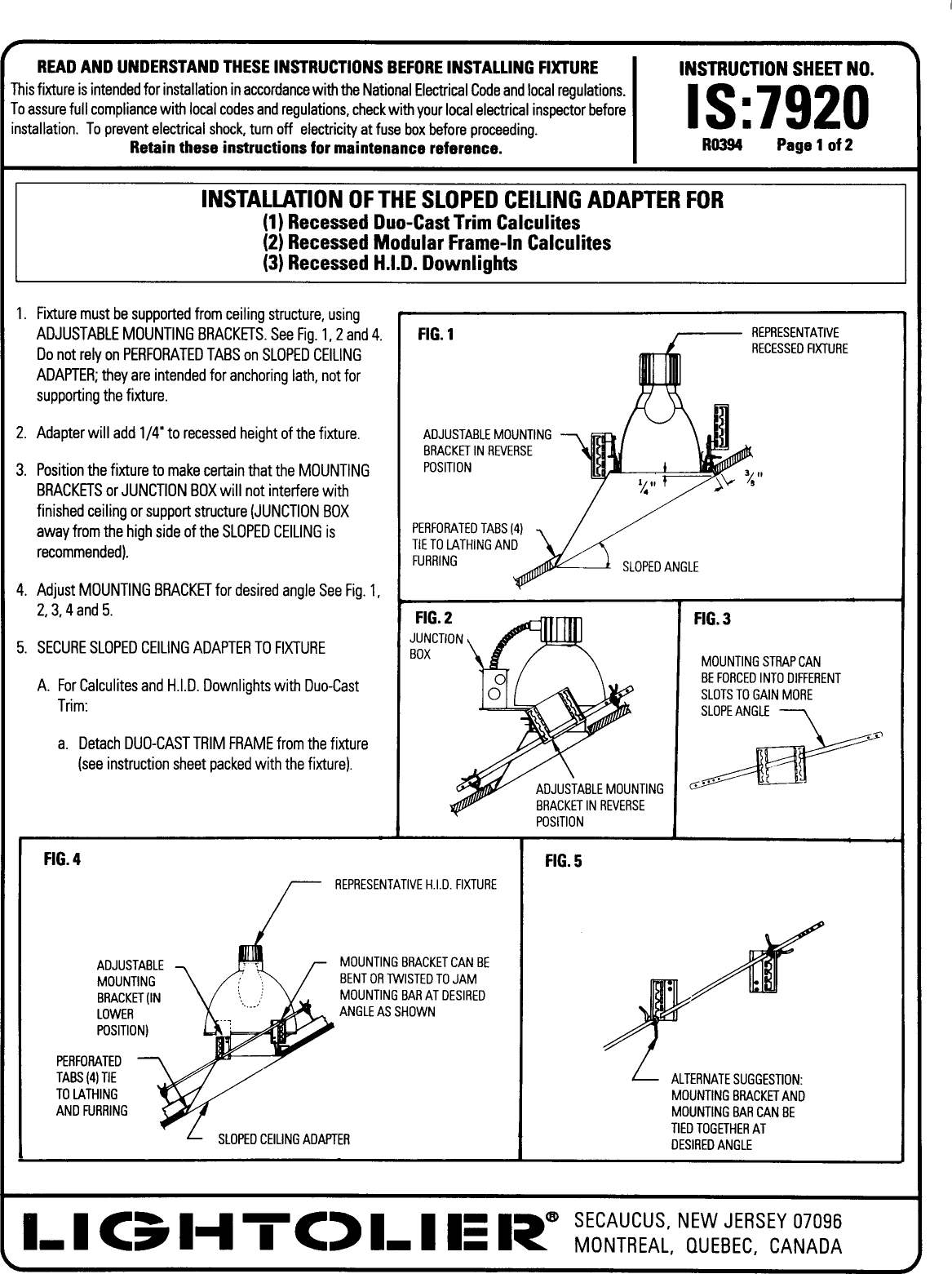 Lightolier Lytespan Track Lighting 7920 Users Manual Calculite Hid