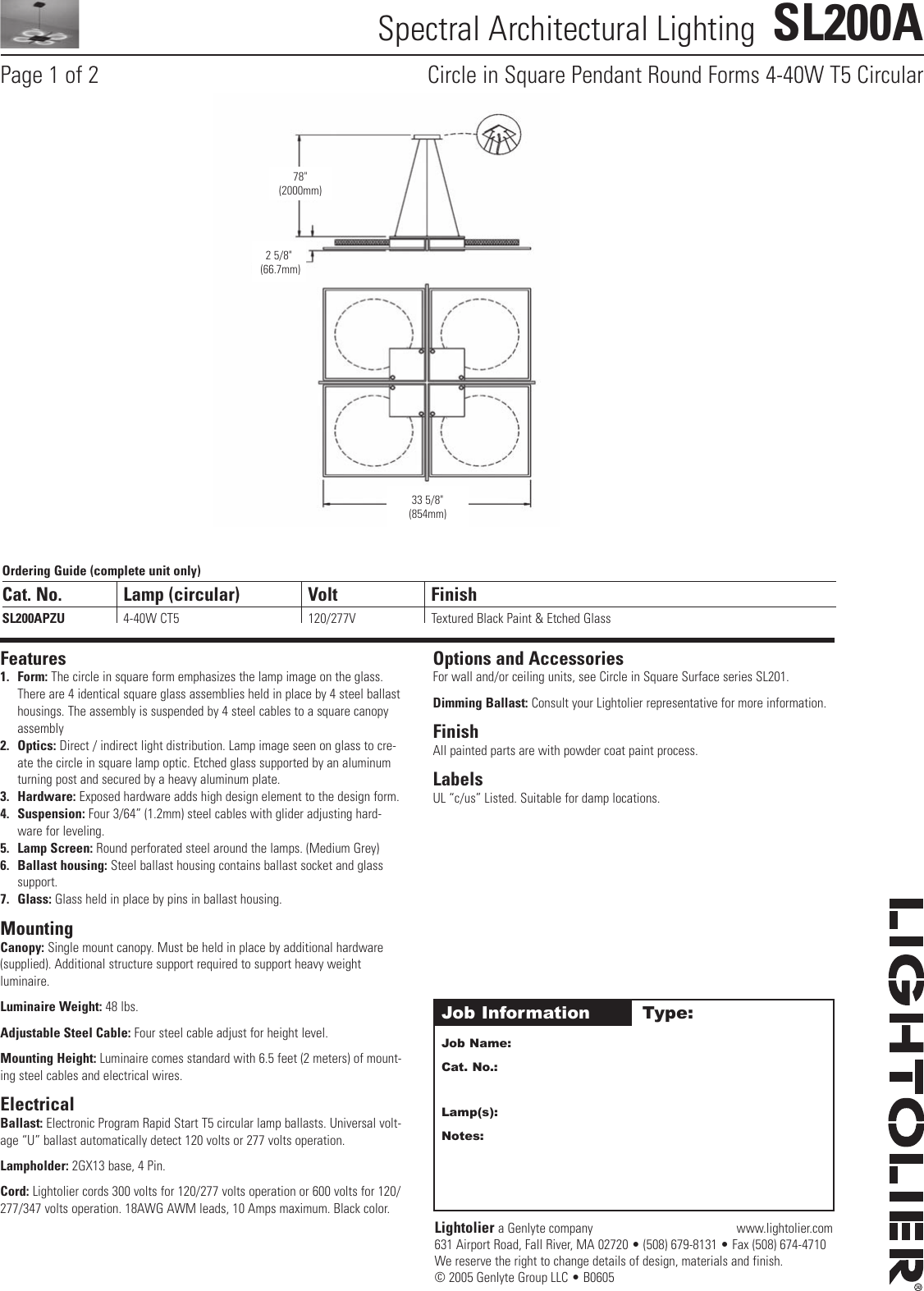 Page 1 of 2 - Lightolier Lightolier-Spectral-Architectural-Lighting-Sl200A-Users-Manual- SL200A Lightolier-spectral-architectural-lighting-sl200a-users-manual