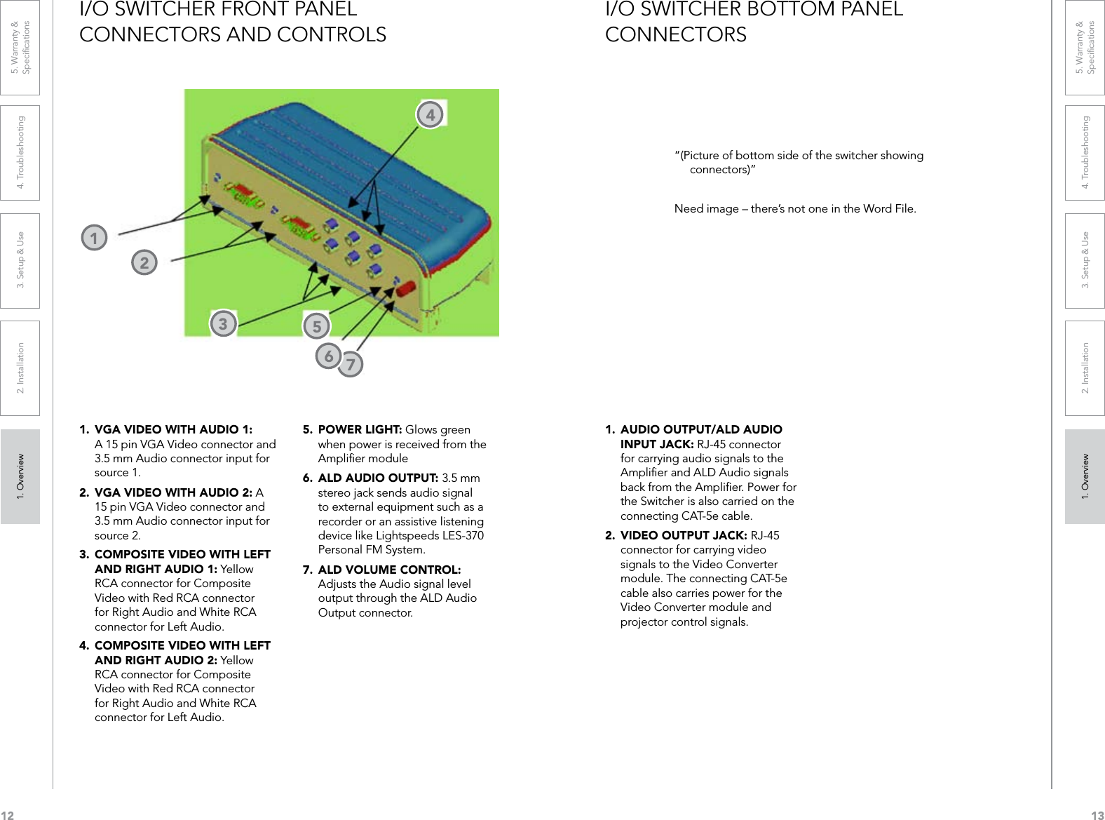 121. Overview 2. Installation 3. Setup &amp; Use 4. Troubleshooting 5. Warranty &amp;  Speciﬁcations1. Overview 2. Installation 3. Setup &amp; Use 4. Troubleshooting 5. Warranty &amp;  Speciﬁcations13I/O SWITCHER FRONT PANEL  CONNECTORS AND CONTROLS1.  VGA VIDEO WITH AUDIO 1:  A 15 pin VGA Video connector and 3.5 mm Audio connector input for source 1. 2.  VGA VIDEO WITH AUDIO 2: A 15 pin VGA Video connector and 3.5 mm Audio connector input for source 2.3.  COMPOSITE VIDEO WITH LEFT AND RIGHT AUDIO 1: Yellow RCA connector for Composite Video with Red RCA connector for Right Audio and White RCA connector for Left Audio.4.  COMPOSITE VIDEO WITH LEFT AND RIGHT AUDIO 2: Yellow RCA connector for Composite Video with Red RCA connector for Right Audio and White RCA connector for Left Audio.5.  POWER LIGHT: Glows green when power is received from the Ampliﬁer module6.  ALD AUDIO OUTPUT: 3.5 mm stereo jack sends audio signal to external equipment such as a recorder or an assistive listening device like Lightspeeds LES-370 Personal FM System. 7.  ALD VOLUME CONTROL: Adjusts the Audio signal level output through the ALD Audio Output connector.22134756I/O SWITCHER BOTTOM PANEL  CONNECTORS 1.  AUDIO OUTPUT/ALD AUDIO INPUT JACK: RJ-45 connector for carrying audio signals to the Ampliﬁer and ALD Audio signals back from the Ampliﬁer. Power for the Switcher is also carried on the connecting CAT-5e cable.2.  VIDEO OUTPUT JACK: RJ-45 connector for carrying video signals to the Video Converter module. The connecting CAT-5e cable also carries power for the Video Converter module and projector control signals. “(Picture of bottom side of the switcher showing connectors)”Need image – there’s not one in the Word File.