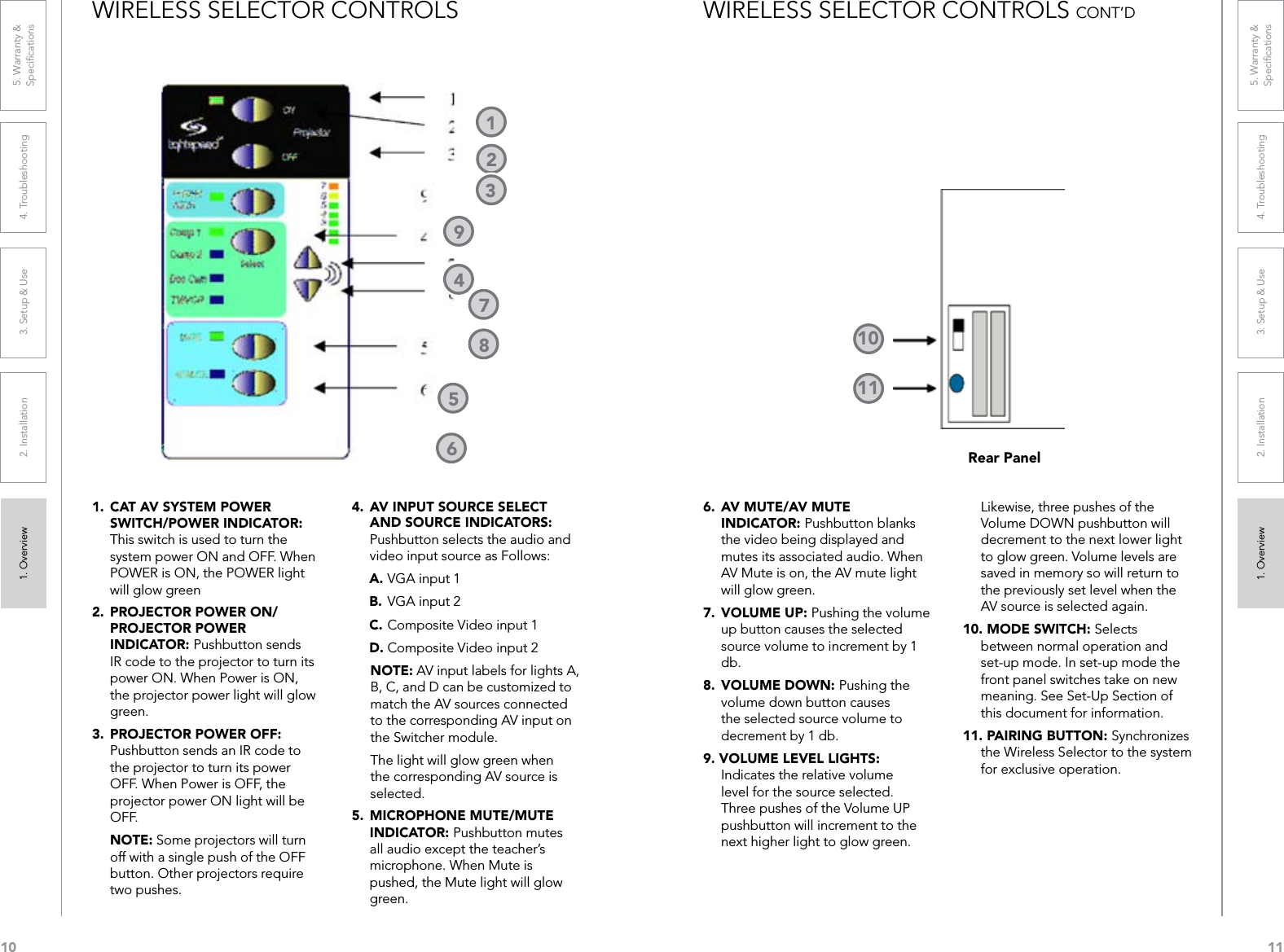 101. Overview 2. Installation 3. Setup &amp; Use 4. Troubleshooting 5. Warranty &amp;  Speciﬁcations1. Overview 2. Installation 3. Setup &amp; Use 4. Troubleshooting 5. Warranty &amp;  Speciﬁcations11WIRELESS SELECTOR CONTROLS1.  CAT AV SYSTEM POWER SWITCH/POWER INDICATOR: This switch is used to turn the system power ON and OFF. When POWER is ON, the POWER light will glow green2.  PROJECTOR POWER ON/PROJECTOR POWER INDICATOR: Pushbutton sends IR code to the projector to turn its power ON. When Power is ON, the projector power light will glow green.3.  PROJECTOR POWER OFF: Pushbutton sends an IR code to the projector to turn its power OFF. When Power is OFF, the projector power ON light will be OFF.  NOTE: Some projectors will turn off with a single push of the OFF button. Other projectors require two pushes.4.  AV INPUT SOURCE SELECT AND SOURCE INDICATORS: Pushbutton selects the audio and video input source as Follows:A. VGA input 1B. VGA input 2C. Composite Video input 1D. Composite Video input 2NOTE: AV input labels for lights A, B, C, and D can be customized to match the AV sources connected to the corresponding AV input on the Switcher module.The light will glow green when the corresponding AV source is selected.5.  MICROPHONE MUTE/MUTE INDICATOR: Pushbutton mutes all audio except the teacher’s microphone. When Mute is pushed, the Mute light will glow green.2213478956WIRELESS SELECTOR CONTROLS CONT’D6.  AV MUTE/AV MUTE INDICATOR: Pushbutton blanks the video being displayed and mutes its associated audio. When AV Mute is on, the AV mute light will glow green.7.  VOLUME UP: Pushing the volume up button causes the selected source volume to increment by 1 db. 8.  VOLUME DOWN: Pushing the volume down button causes the selected source volume to decrement by 1 db.9. VOLUME LEVEL LIGHTS: Indicates the relative volume level for the source selected. Three pushes of the Volume UP pushbutton will increment to the next higher light to glow green. Likewise, three pushes of the Volume DOWN pushbutton will decrement to the next lower light to glow green. Volume levels are saved in memory so will return to the previously set level when the AV source is selected again.10. MODE SWITCH: Selects between normal operation and set-up mode. In set-up mode the front panel switches take on new meaning. See Set-Up Section of this document for information.11. PAIRING BUTTON: Synchronizes the Wireless Selector to the system for exclusive operation.1011Rear Panel