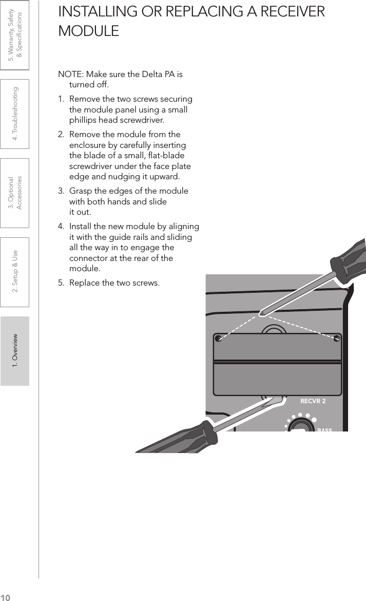 101. Overview 2. Setup &amp; Use 3. Optional  Accessories 4. Troubleshooting 5. Warranty, Safety  &amp; SpeciﬁcationsINSTALLING OR REPLACING A RECEIVER MODULENOTE: Make sure the Delta PA is turned off.1.  Remove the two screws securing the module panel using a small phillips head screwdriver.2.  Remove the module from the enclosure by carefully inserting the blade of a small, ﬂat-blade screwdriver under the face plate edge and nudging it upward.3.  Grasp the edges of the module with both hands and slide  it out.4.  Install the new module by aligning it with the guide rails and sliding all the way in to engage the connector at the rear of the module.5.  Replace the two screws.POWERCHARGERED: LOW BATT GREEN: ONRED: CHARGING GREEN: FULLRECVR 1RECVR 2RECVR 2O/IPOWER/RECVR 1