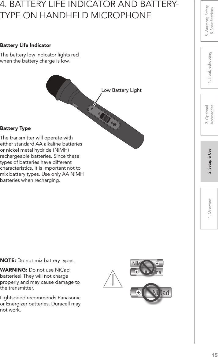 151. Overview 2. Setup &amp; Use 3. Optional  Accessories 4. Troubleshooting 5. Warranty, Safety  &amp; SpeciﬁcationsON4. BATTERY LIFE INDICATOR AND BATTERY-TYPE ON HANDHELD MICROPHONEBattery Life IndicatorThe battery low indicator lights red when the battery charge is low.Battery TypeThe transmitter will operate with either standard AA alkaline batteries or nickel metal hydride (NiMH) rechargeable batteries. Since these types of batteries have different characteristics, it is important not to mix battery types. Use only AA NiMH batteries when recharging.NOTE: Do not mix battery types. WARNING: Do not use NiCad batteries! They will not charge properly and may cause damage to the transmitter.Lightspeed recommends Panasonic or Energizer batteries. Duracell may not work.Low Battery Light