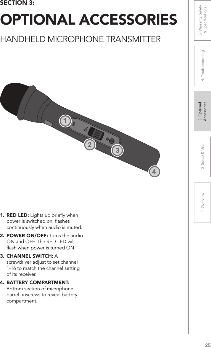 252. Setup &amp; Use 3. Optional  Accessories1. Overview 4. Troubleshooting 5. Warranty, Safety  &amp; SpeciﬁcationsONSECTION 3:  OPTIONAL ACCESSORIESHANDHELD MICROPHONE TRANSMITTER1.  RED LED: Lights up brieﬂy when power is switched on, ﬂashes continuously when audio is muted.2.  POWER ON/OFF: Turns the audio ON and OFF. The RED LED will ﬂash when power is turned ON.3.  CHANNEL SWITCH: A screwdriver adjust to set channel 1-16 to match the channel setting of its receiver.4.  BATTERY COMPARTMENT: Bottom section of microphone barrel unscrews to reveal battery compartment. 1234