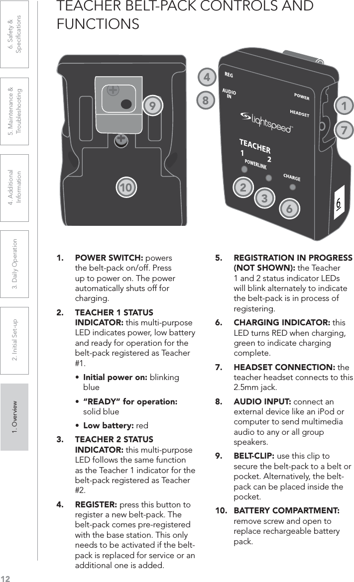 121. Overview 2. Initial Set-up 3. DaiIy Operation 4. Additional Information5. Maintenance &amp; Troubleshooting6. Safety &amp; SpeciﬁcationsTEACHER BELT-PACK CONTROLS AND FUNCTIONS1. POWER SWITCH: powers the belt-pack on/off. Press up to power on. The power automatically shuts off for charging.2. TEACHER 1 STATUS INDICATOR: this multi-purpose LED indicates power, low battery and ready for operation for the belt-pack registered as Teacher #1.UÊ Initial power on: blinkingblueUÊ “READY” for operation:solid blueUÊ Low battery: red3. TEACHER 2 STATUS INDICATOR: this multi-purpose LED follows the same function as the Teacher 1 indicator for the belt-pack registered as Teacher #2.4. REGISTER: press this button to register a new belt-pack. The belt-pack comes pre-registered with the base station. This only needs to be activated if the belt-pack is replaced for service or an additional one is added.5. REGISTRATION IN PROGRESS (NOT SHOWN): the Teacher 1 and 2 status indicator LEDs will blink alternately to indicate the belt-pack is in process of registering.6. CHARGING INDICATOR: this LED turns RED when charging, green to indicate charging complete.7. HEADSET CONNECTION: the teacher headset connects to this 2.5mm jack.8. AUDIO INPUT: connect an external device like an iPod or computer to send multimedia audio to any or all group speakers.9. BELT-CLIP: use this clip to secure the belt-pack to a belt or pocket. Alternatively, the belt-pack can be placed inside the pocket.10. BATTERY COMPARTMENT: remove screw and open to replace rechargeable battery pack.2367189410