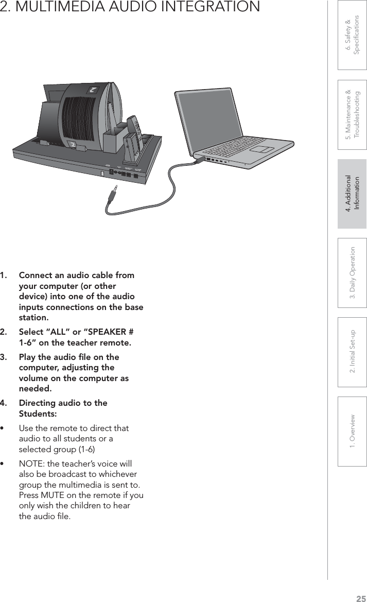 251. Overview 2. Initial Set-up 3. DaiIy Operation 4. Additional Information5. Maintenance &amp; Troubleshooting6. Safety &amp; Speciﬁcations2. MULTIMEDIA AUDIO INTEGRATION1. Connect an audio cable from your computer (or other device) into one of the audio inputs connections on the base station.2. Select “ALL” or “SPEAKER # 1-6” on the teacher remote.3. Play the audio ﬁle on the computer, adjusting the volume on the computer as needed.4. Directing audio to the Students:UÊ Use the remote to direct that audio to all students or a selected group (1-6)UÊ NOTE: the teacher’s voice will also be broadcast to whichever group the multimedia is sent to. Press MUTE on the remote if you only wish the children to hear the audio ﬁle.