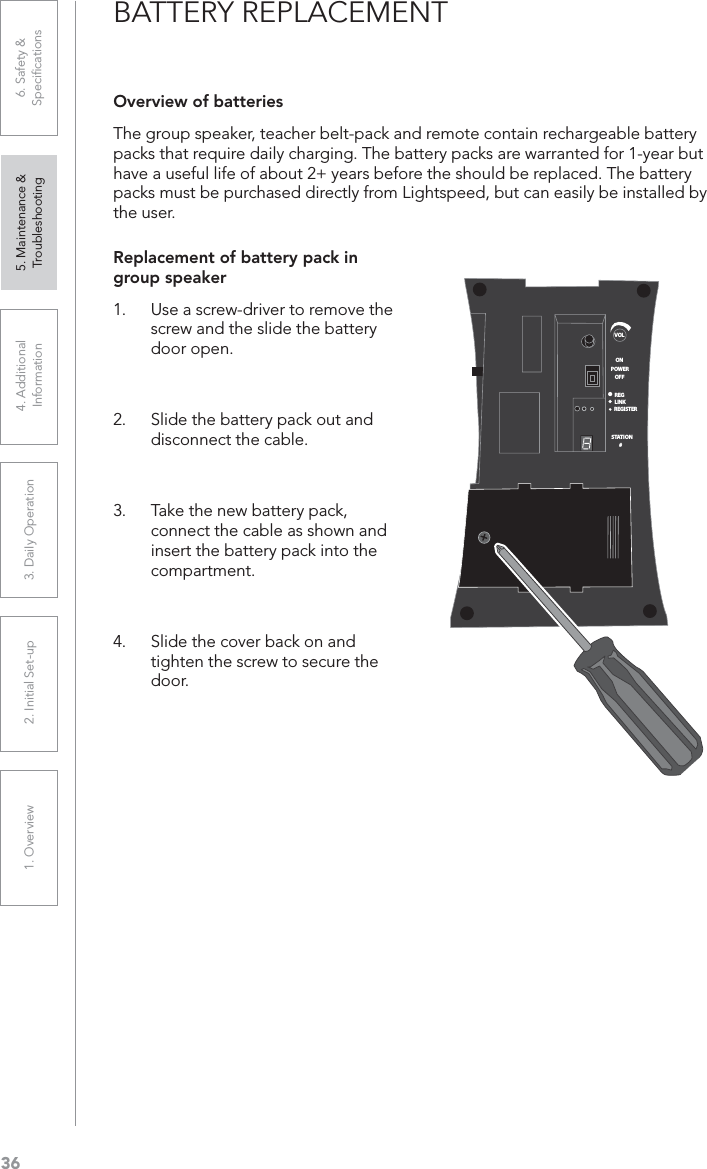 361. Overview 2. Initial Set-up 3. DaiIy Operation 4. Additional Information5. Maintenance &amp; Troubleshooting6. Safety &amp; SpeciﬁcationsBATTERY REPLACEMENTReplacement of battery pack in group speaker1. Use a screw-driver to remove the screw and the slide the battery door open. 2. Slide the battery pack out and disconnect the cable. 3. Take the new battery pack, connect the cable as shown and insert the battery pack into the compartment.4. Slide the cover back on and tighten the screw to secure the door. Overview of batteriesThe group speaker, teacher belt-pack and remote contain rechargeable battery packs that require daily charging. The battery packs are warranted for 1-year but have a useful life of about 2+ years before the should be replaced. The battery packs must be purchased directly from Lightspeed, but can easily be installed by the user.VOLONREGLINKREGISTERSTATION#OFFPOWER