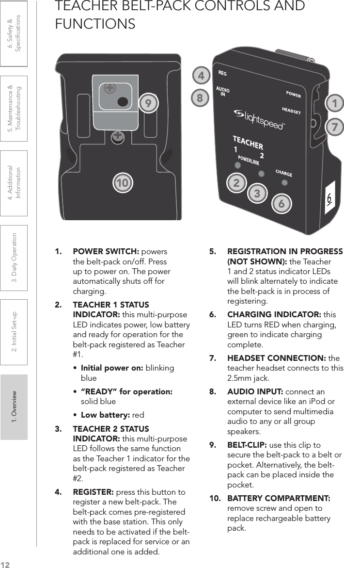 121. Overview 2. Initial Set-up 3. DaiIy Operation 4. Additional Information5. Maintenance &amp; Troubleshooting6. Safety &amp; SpeciﬁcationsTEACHER BELT-PACK CONTROLS AND FUNCTIONS1.  POWER SWITCH: powers the belt-pack on/off. Press up to power on. The power automatically shuts off for charging.2.  TEACHER 1 STATUS INDICATOR: this multi-purpose LED indicates power, low battery and ready for operation for the belt-pack registered as Teacher #1.• Initial power on: blinking blue• “READY” for operation: solid blue• Low battery: red3.  TEACHER 2 STATUS INDICATOR: this multi-purpose LED follows the same function as the Teacher 1 indicator for the belt-pack registered as Teacher #2.4.  REGISTER: press this button to register a new belt-pack. The belt-pack comes pre-registered with the base station. This only needs to be activated if the belt-pack is replaced for service or an additional one is added.5.  REGISTRATION IN PROGRESS (NOT SHOWN): the Teacher 1 and 2 status indicator LEDs will blink alternately to indicate the belt-pack is in process of registering.6.  CHARGING INDICATOR: this LED turns RED when charging, green to indicate charging complete.7.  HEADSET CONNECTION: the teacher headset connects to this 2.5mm jack.8.  AUDIO INPUT: connect an external device like an iPod or computer to send multimedia audio to any or all group speakers.9.  BELT-CLIP: use this clip to secure the belt-pack to a belt or pocket. Alternatively, the belt-pack can be placed inside the pocket.10.  BATTERY COMPARTMENT: remove screw and open to replace rechargeable battery pack.2367189410