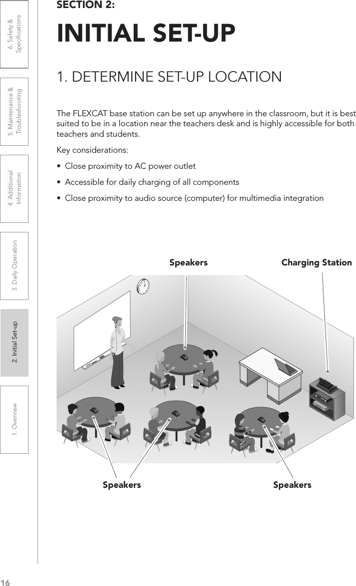 161. Overview 2. Initial Set-up 3. DaiIy Operation 4. Additional Information5. Maintenance &amp; Troubleshooting6. Safety &amp; SpeciﬁcationsThe FLEXCAT base station can be set up anywhere in the classroom, but it is best suited to be in a location near the teachers desk and is highly accessible for both teachers and students. Key considerations:• Close proximity to AC power outlet• Accessible for daily charging of all components• Close proximity to audio source (computer) for multimedia integrationSECTION 2:  INITIAL SET-UP1. DETERMINE SET-UP LOCATIONSpeakersSpeakersCharging StationSpeakers