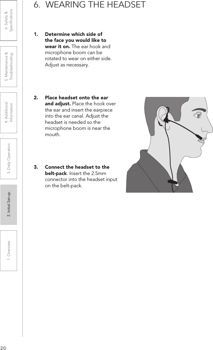 201. Overview 2. Initial Set-up 3. DaiIy Operation 4. Additional Information5. Maintenance &amp; Troubleshooting6. Safety &amp; Speciﬁcations1.  Determine which side of the face you would like to wear it on. The ear hook and microphone boom can be rotated to wear on either side. Adjust as necessary.    2.  Place headset onto the ear and adjust. Place the hook over the ear and insert the earpiece into the ear canal. Adjust the headset is needed so the microphone boom is near the mouth.    3.  Connect the headset to the belt-pack. Insert the 2.5mm connector into the headset input on the belt-pack.6.  WEARING THE HEADSET