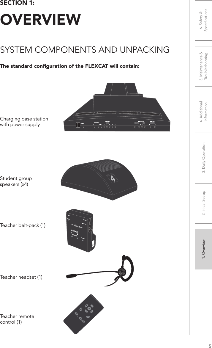 51. Overview 2. Initial Set-up 3. DaiIy Operation 4. Additional Information5. Maintenance &amp; Troubleshooting6. Safety &amp; SpeciﬁcationsSECTION 1:  OVERVIEWSYSTEM COMPONENTS AND UNPACKINGThe standard conﬁguration of the FLEXCAT will contain:Teacher belt-pack (1)Teacher headset (1)Teacher remote control (1)Charging base station with power supplyStudent group speakers (x4)POWERREGISTERSPEAKERSLINKREMOTESREGISTERMULTIPACKSREGISTER LINKVolVolMute651All324