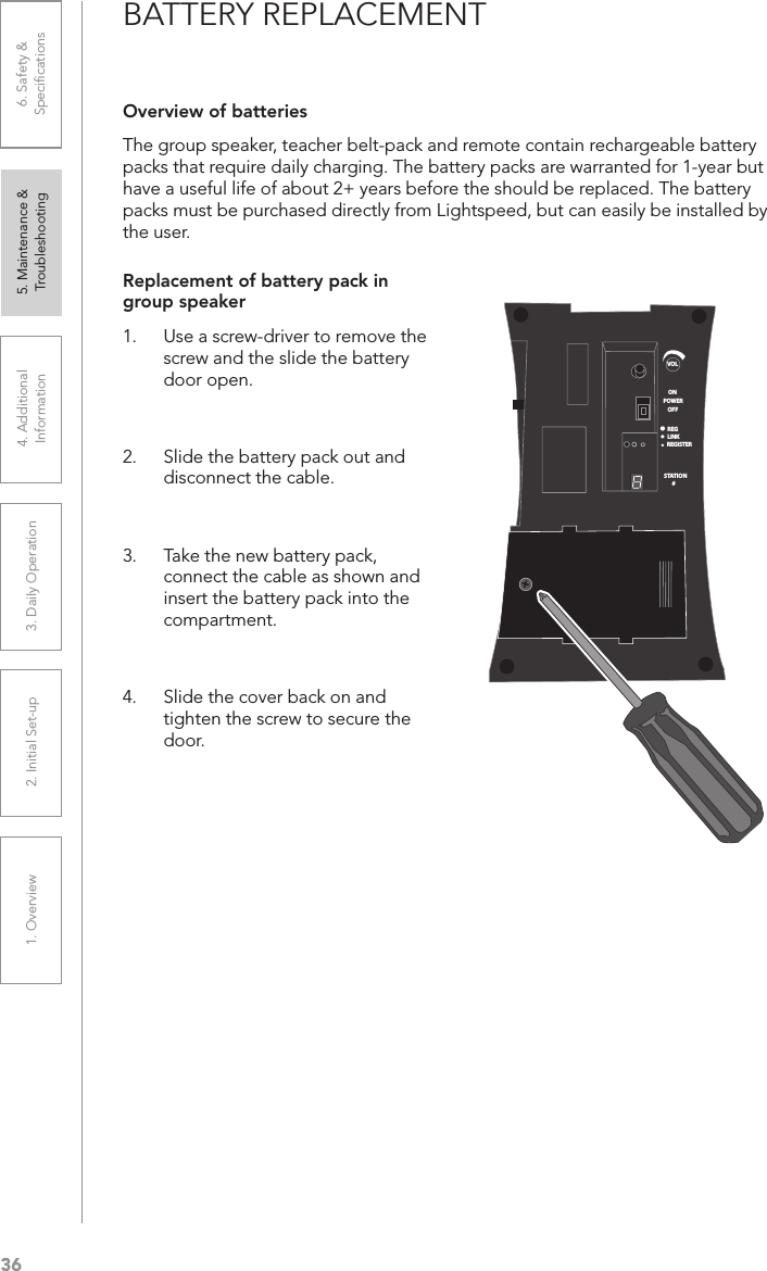 361. Overview 2. Initial Set-up 3. DaiIy Operation 4. Additional Information5. Maintenance &amp; Troubleshooting6. Safety &amp; SpeciﬁcationsBATTERY REPLACEMENTReplacement of battery pack in group speaker1.  Use a screw-driver to remove the screw and the slide the battery door open.   2.  Slide the battery pack out and disconnect the cable.   3.  Take the new battery pack, connect the cable as shown and insert the battery pack into the compartment.   4.  Slide the cover back on and tighten the screw to secure the door. Overview of batteriesThe group speaker, teacher belt-pack and remote contain rechargeable battery packs that require daily charging. The battery packs are warranted for 1-year but have a useful life of about 2+ years before the should be replaced. The battery packs must be purchased directly from Lightspeed, but can easily be installed by the user.VOLONREGLINKREGISTERSTATION#OFFPOWER