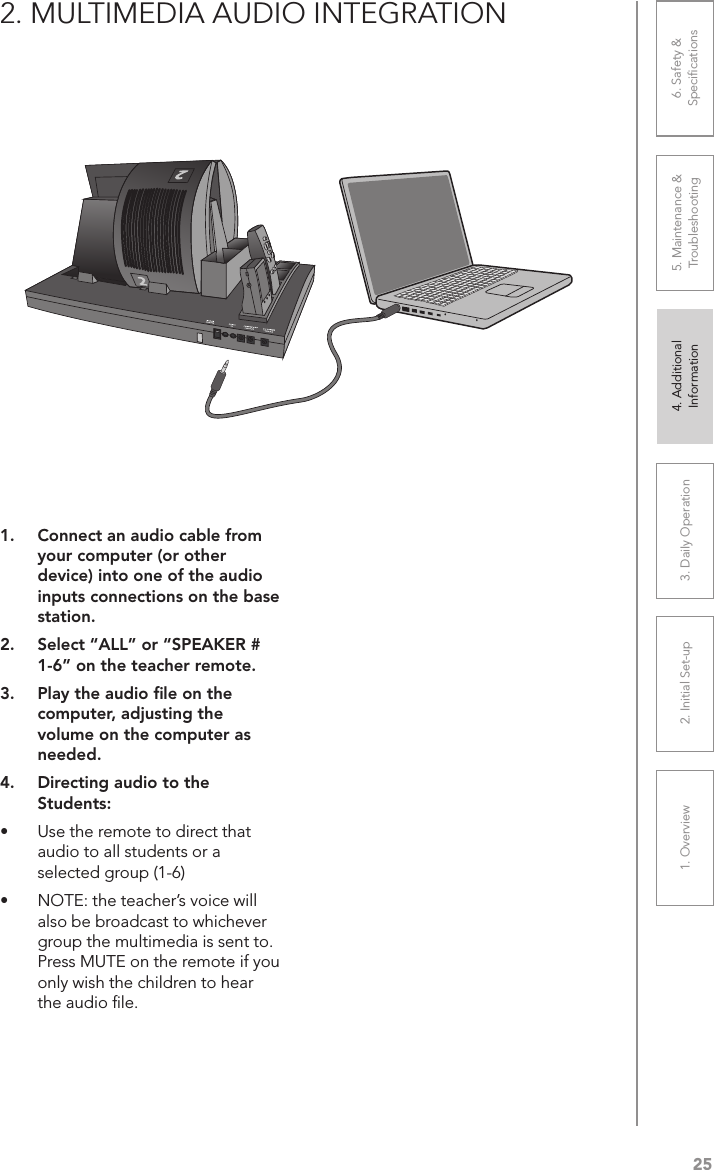 251. Overview 2. Initial Set-up 3. DaiIy Operation 4. Additional Information5. Maintenance &amp; Troubleshooting6. Safety &amp; Speciﬁcations2. MULTIMEDIA AUDIO INTEGRATION1.  Connect an audio cable from your computer (or other device) into one of the audio inputs connections on the base station.2.  Select “ALL” or “SPEAKER # 1-6” on the teacher remote.3.  Play the audio ﬁle on the computer, adjusting the volume on the computer as needed.4.  Directing audio to the Students:• Use the remote to direct that audio to all students or a selected group (1-6)• NOTE: the teacher’s voice will also be broadcast to whichever group the multimedia is sent to. Press MUTE on the remote if you only wish the children to hear the audio ﬁle.