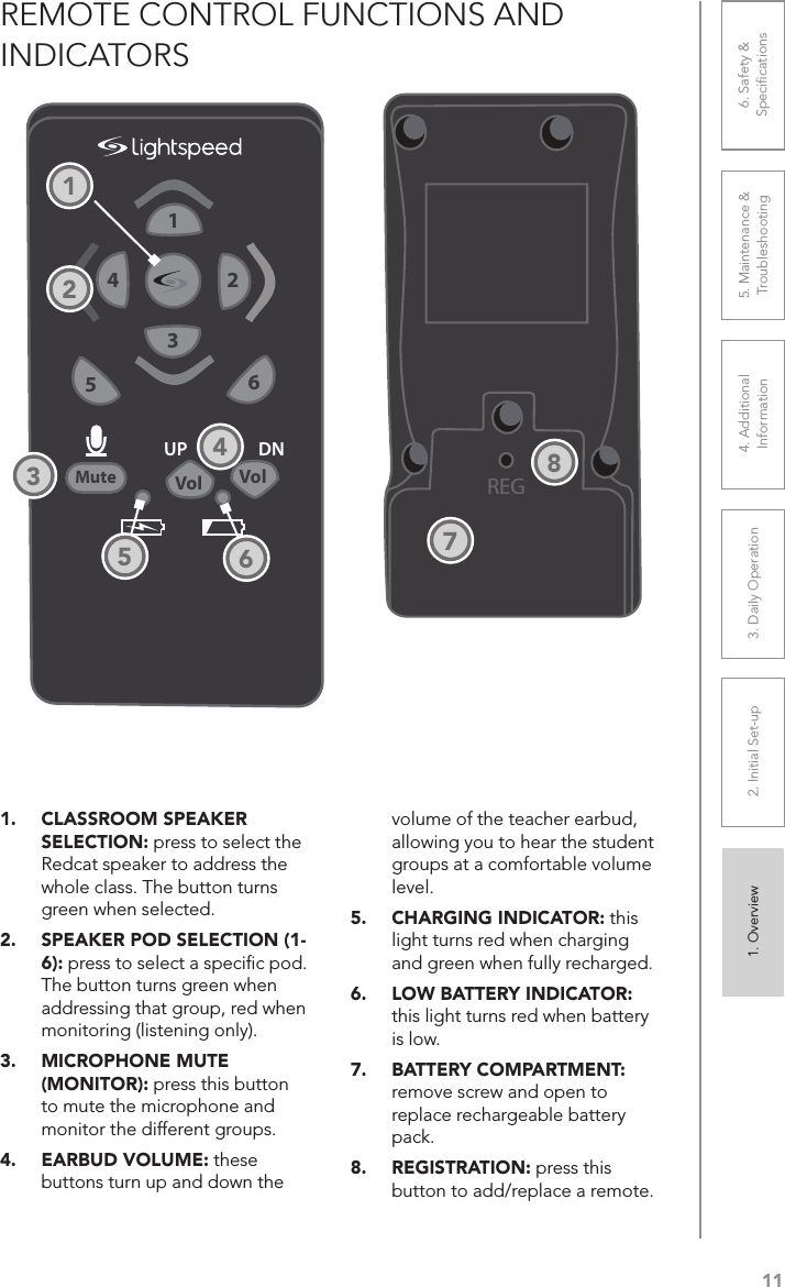 111. Overview 2. Initial Set-up 3. DaiIy Operation 4. Additional Information5. Maintenance &amp; Troubleshooting6. Safety &amp; SpeciﬁcationsREMOTE CONTROL FUNCTIONS AND  INDICATORS1.  CLASSROOM SPEAKER SELECTION: press to select the Redcat speaker to address the whole class. The button turns green when selected.2.  SPEAKER POD SELECTION (1-6): press to select a speciﬁc pod. The button turns green when addressing that group, red when monitoring (listening only).3.  MICROPHONE MUTE (MONITOR): press this button to mute the microphone and monitor the different groups.4.  EARBUD VOLUME: these buttons turn up and down the volume of the teacher earbud, allowing you to hear the student groups at a comfortable volume level.5.  CHARGING INDICATOR: this light turns red when charging and green when fully recharged.6.  LOW BATTERY INDICATOR: this light turns red when battery is low.7.  BATTERY COMPARTMENT: remove screw and open to replace rechargeable battery pack.8.  REGISTRATION: press this button to add/replace a remote.REGVolVolMute651324UP DN23456718