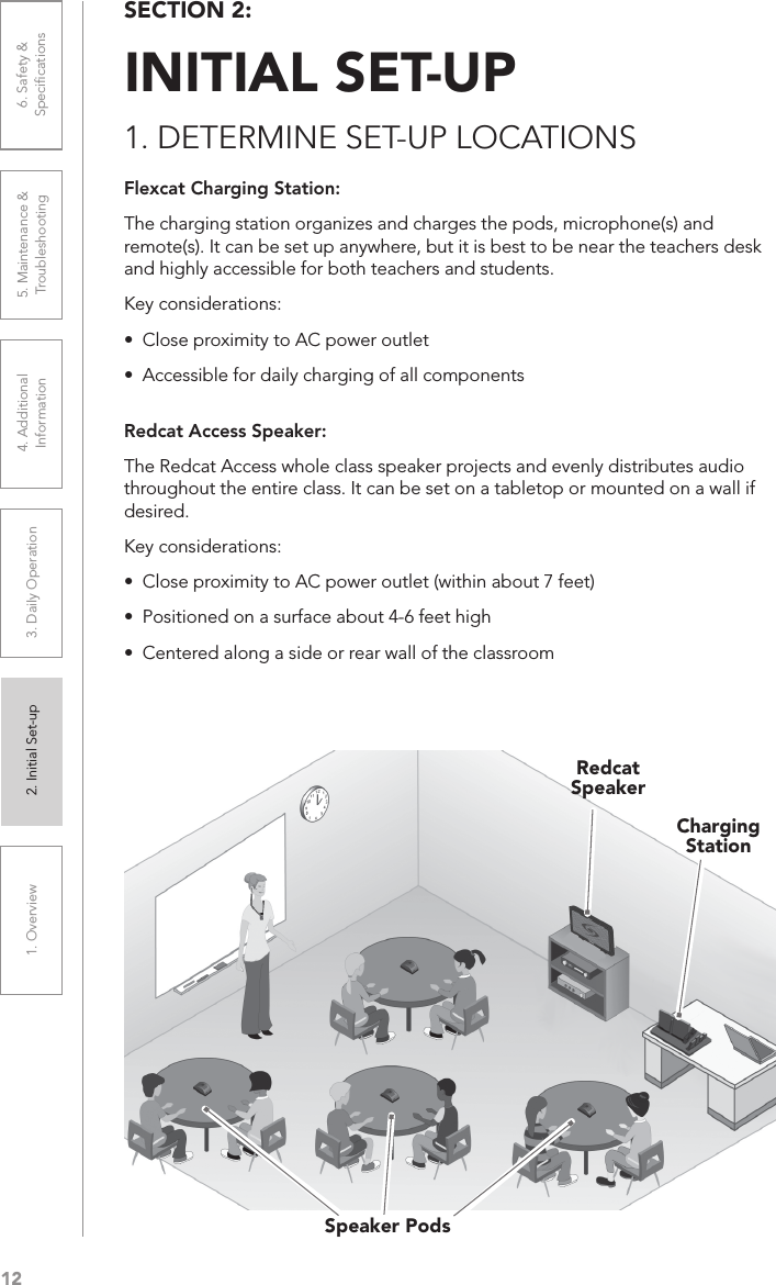 121. Overview 2. Initial Set-up 3. DaiIy Operation 4. Additional Information5. Maintenance &amp; Troubleshooting6. Safety &amp; SpeciﬁcationsFlexcat Charging Station:The charging station organizes and charges the pods, microphone(s) and remote(s). It can be set up anywhere, but it is best to be near the teachers desk and highly accessible for both teachers and students. Key considerations:•  Close proximity to AC power outlet•  Accessible for daily charging of all componentsRedcat Access Speaker:The Redcat Access whole class speaker projects and evenly distributes audio throughout the entire class. It can be set on a tabletop or mounted on a wall if desired.Key considerations:•  Close proximity to AC power outlet (within about 7 feet)•  Positioned on a surface about 4-6 feet high•  Centered along a side or rear wall of the classroomSECTION 2:  INITIAL SET-UP1. DETERMINE SET-UP LOCATIONSRedcat SpeakerSpeaker PodsCharging Station