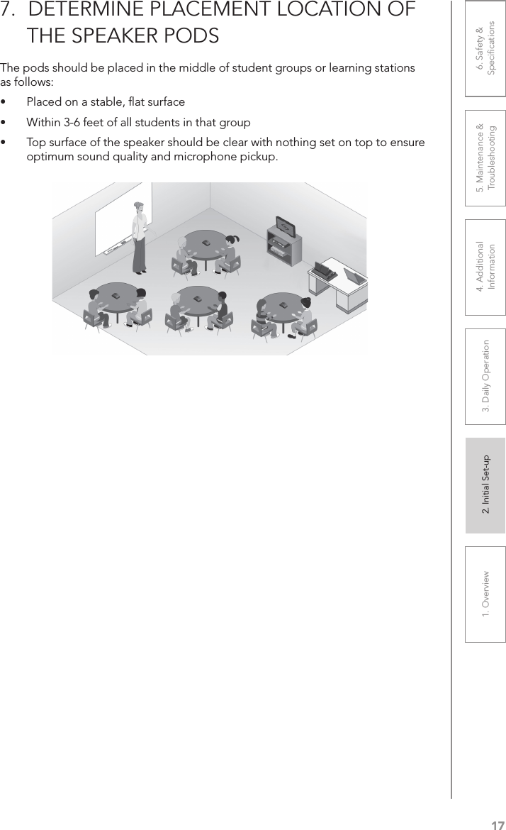 171. Overview 2. Initial Set-up 3. DaiIy Operation 4. Additional Information5. Maintenance &amp; Troubleshooting6. Safety &amp; SpeciﬁcationsThe pods should be placed in the middle of student groups or learning stations as follows:•  Placed on a stable, ﬂat surface•  Within 3-6 feet of all students in that group•  Top surface of the speaker should be clear with nothing set on top to ensure optimum sound quality and microphone pickup.7.  DETERMINE PLACEMENT LOCATION OF      THE SPEAKER PODS