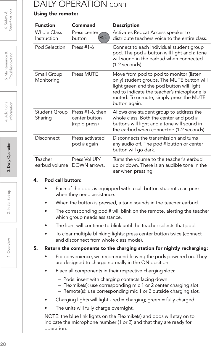 201. Overview 2. Initial Set-up 3. DaiIy Operation 4. Additional Information5. Maintenance &amp; Troubleshooting6. Safety &amp; SpeciﬁcationsFunction Command DescriptionWhole Class InstructionPress center button Activates Redcat Access speaker to distribute teachers voice to the entire class.Pod Selection Press #1-6 Connect to each individual student group pod. The pod # button will light and a tone will sound in the earbud when connected (1-2 seconds).Small Group MonitoringPress MUTE Move from pod to pod to monitor (listen only) student groups. The MUTE button will light green and the pod button will light red to indicate the teacher’s microphone is muted. To unmute, simply press the MUTE button again.Student Group SharingPress #1-6, then center button (rapid press)Allows one student group to address the whole class. Both the center and pod # buttons will light and a tone will sound in the earbud when connected (1-2 seconds).Disconnect Press activated pod # againDisconnects the transmission and turns any audio off. The pod # button or center button will go dark.Teacher earbud volumePress Vol UP/DOWN arrows.Turns the volume to the teacher&apos;s earbud up or down. There is an audible tone in the ear when pressing.Using the remote:4.  Pod call button:•  Each of the pods is equipped with a call button students can press when they need assistance.•  When the button is pressed, a tone sounds in the teacher earbud.•  The corresponding pod # will blink on the remote, alerting the teacher which group needs assistance.•  The light will continue to blink until the teacher selects that pod.•  To clear multiple blinking lights: press center button twice (connect and disconnect from whole class mode).5.  Return the components to the charging station for nightly recharging:•  For convenience, we recommend leaving the pods powered on. They are designed to charge normally in the ON position.•  Place all components in their respective charging slots:–  Pods: insert with charging contacts facing down.–  Flexmike(s): use corresponding mic 1 or 2 center charging slot.–  Remote(s): use corresponding mic 1 or 2 outside charging slot.•  Charging lights will light - red = charging; green = fully charged.•  The units will fully charge overnight.NOTE: the blue link lights on the Flexmike(s) and pods will stay on to indicate the microphone number (1 or 2) and that they are ready for operation.DAILY OPERATION CON’TVolVolMute651324