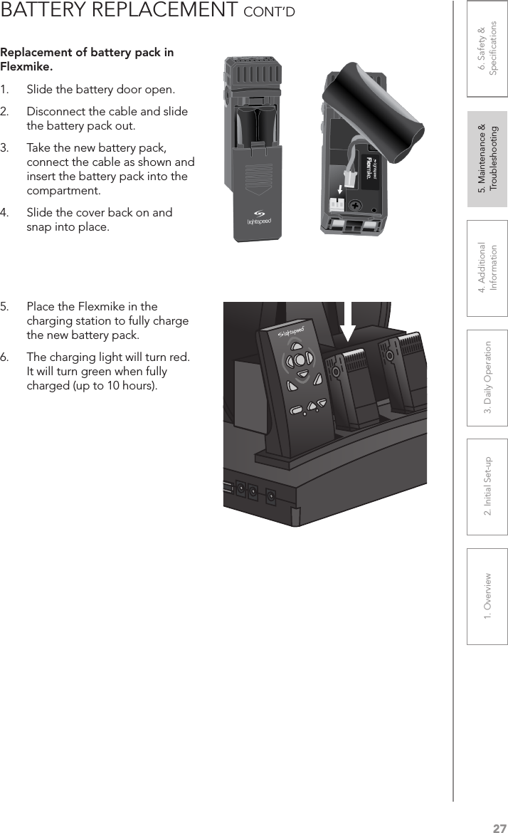 271. Overview 2. Initial Set-up 3. DaiIy Operation 4. Additional Information5. Maintenance &amp; Troubleshooting6. Safety &amp; SpeciﬁcationsBATTERY REPLACEMENT CONT’DReplacement of battery pack in Flexmike.1.  Slide the battery door open. 2.  Disconnect the cable and slide the battery pack out.3.  Take the new battery pack, connect the cable as shown and insert the battery pack into the compartment. 4.  Slide the cover back on and snap into place.5.  Place the Flexmike in the charging station to fully charge the new battery pack.6.  The charging light will turn red. It will turn green when fully charged (up to 10 hours).4433