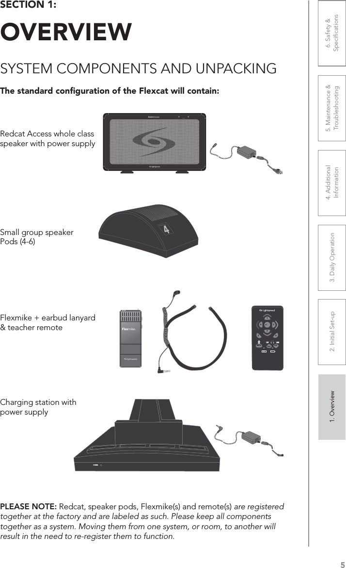 51. Overview 2. Initial Set-up 3. DaiIy Operation 4. Additional Information5. Maintenance &amp; Troubleshooting6. Safety &amp; SpeciﬁcationsSECTION 1:  OVERVIEWSYSTEM COMPONENTS AND UNPACKINGThe standard conﬁguration of the Flexcat will contain:Flexmike + earbud lanyard &amp; teacher remoteCharging station with power supplySmall group speaker Pods (4-6)POWERVolVolMute651324UP DN1POWER 2Redcat Access whole class speaker with power supplyPLEASE NOTE: Redcat, speaker pods, Flexmike(s) and remote(s) are registered together at the factory and are labeled as such. Please keep all components together as a system. Moving them from one system, or room, to another will result in the need to re-register them to function.