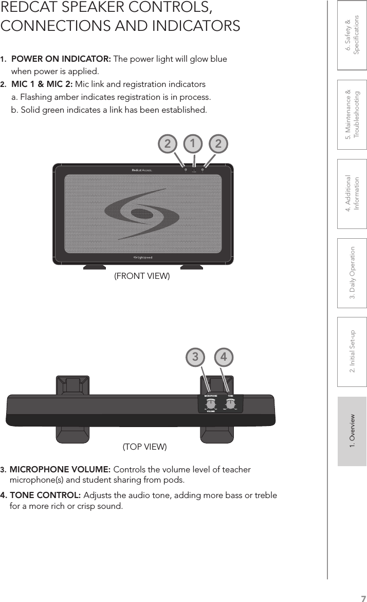 71. Overview 2. Initial Set-up 3. DaiIy Operation 4. Additional Information5. Maintenance &amp; Troubleshooting6. Safety &amp; SpeciﬁcationsREDCAT SPEAKER CONTROLS,  CONNECTIONS AND INDICATORS3. MICROPHONE VOLUME: Controls the volume level of teacher microphone(s) and student sharing from pods. 4. TONE CONTROL: Adjusts the audio tone, adding more bass or treble for a more rich or crisp sound.MICROPHONEVOLUMEMINMAX BASSTREBLETONE(TOP VIEW)1POWER 21.  POWER ON INDICATOR: The power light will glow blue   when power is applied.2.  MIC 1 &amp; MIC 2: Mic link and registration indicators  a. Flashing amber indicates registration is in process.     b. Solid green indicates a link has been established.(FRONT VIEW)12342