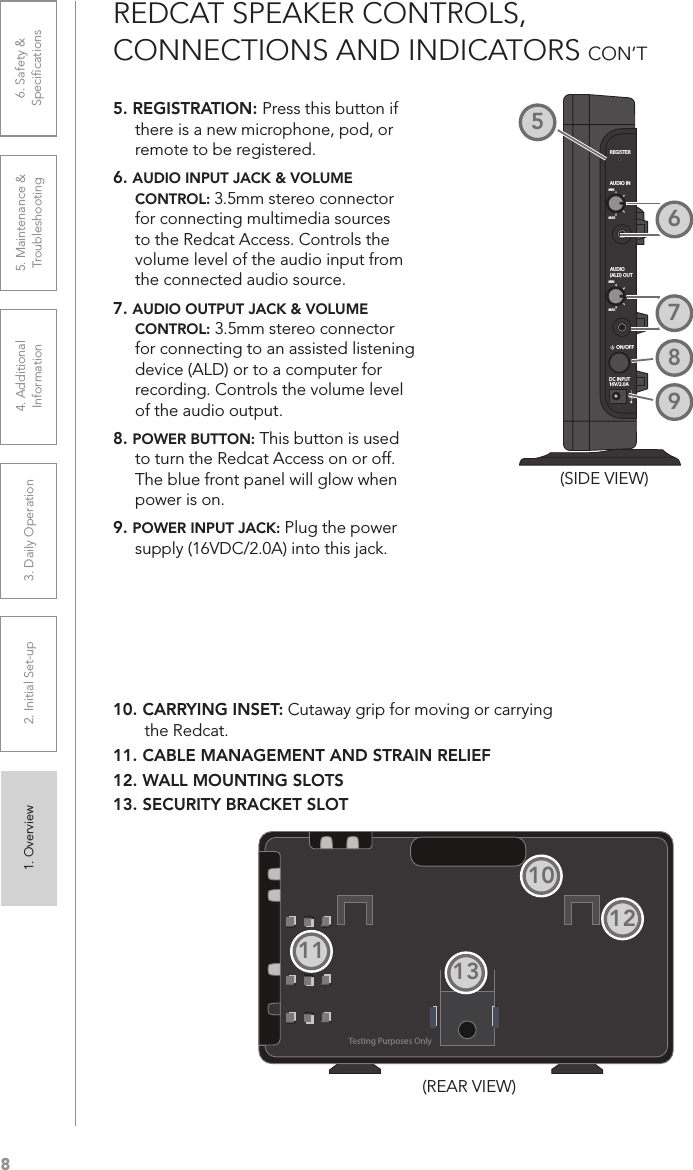 81. Overview 2. Initial Set-up 3. DaiIy Operation 4. Additional Information5. Maintenance &amp; Troubleshooting6. Safety &amp; SpeciﬁcationsREDCAT SPEAKER CONTROLS,  CONNECTIONS AND INDICATORS CON’T5. REGISTRATION: Press this button if there is a new microphone, pod, or remote to be registered.6. AUDIO INPUT JACK &amp; VOLUME CONTROL: 3.5mm stereo connector for connecting multimedia sources to the Redcat Access. Controls the volume level of the audio input from the connected audio source.7. AUDIO OUTPUT JACK &amp; VOLUME CONTROL: 3.5mm stereo connector for connecting to an assisted listening device (ALD) or to a computer for recording. Controls the volume level of the audio output. 8. POWER BUTTON: This button is used to turn the Redcat Access on or off. The blue front panel will glow when power is on.9. POWER INPUT JACK: Plug the power supply (16VDC/2.0A) into this jack.REGISTERAUDIO INMINMAXAUDIO(ALD) OUTMINMAXON/OFFDC INPUT16V/2.0A(SIDE VIEW)10. CARRYING INSET: Cutaway grip for moving or carrying the Redcat.11. CABLE MANAGEMENT AND STRAIN RELIEF12. WALL MOUNTING SLOTS13. SECURITY BRACKET SLOTTesting Purposes Only56789(REAR VIEW)10111213